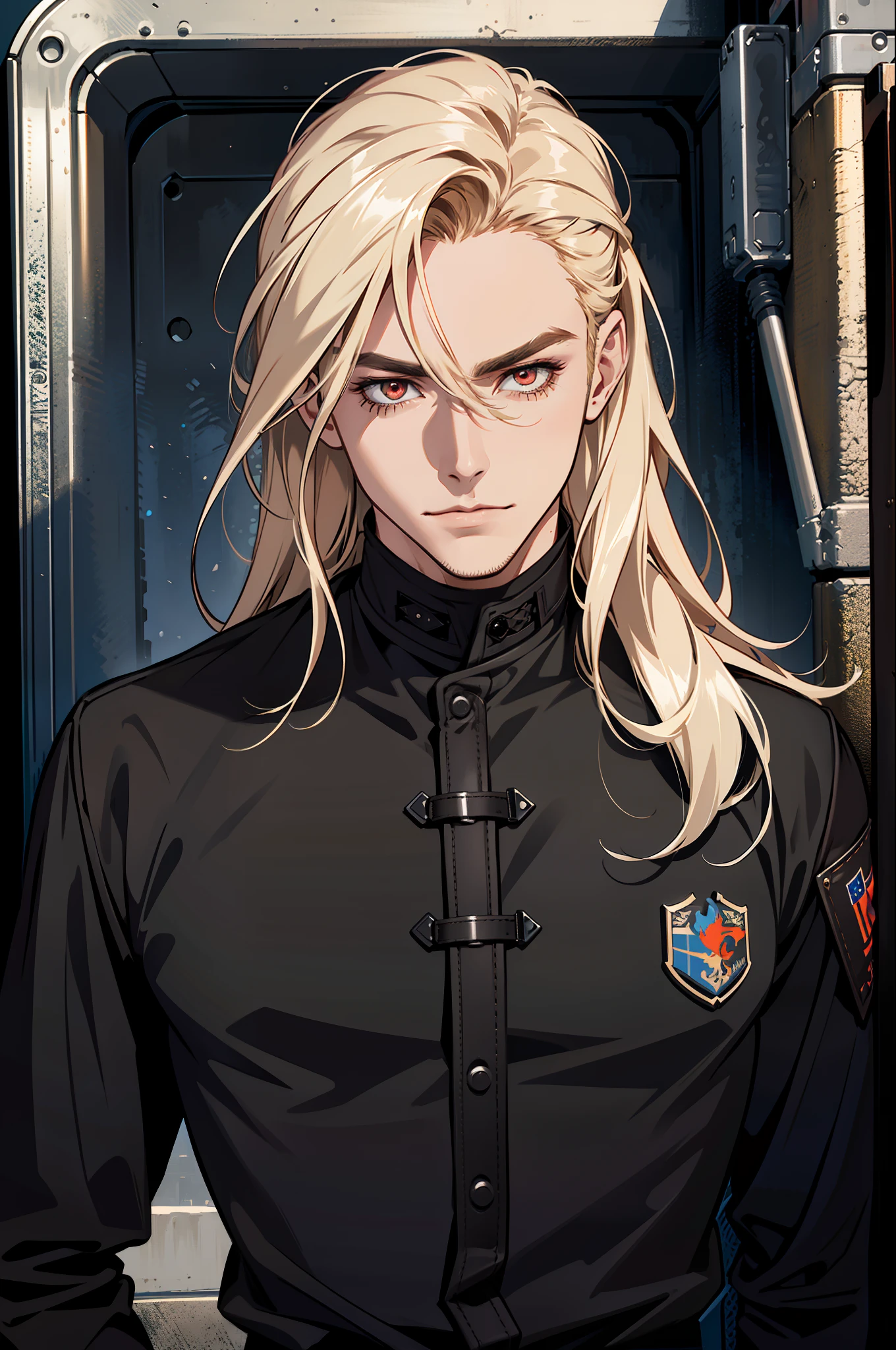 (MLS), medium large shoot, MLS, (absurd res, high res, ultra detailed), 1 male, adult, handsome, tall muscular guy, broad shoulders, blonde long hair, red eyes, finely detailed eyes, looking at viewer, solo, no background, detailed face, smirk, renegade, rugged dark leather clothes, small leather pouch, high fantasy medieval setting, smuggler hideout background, stealth, undercover, (crates in background), shadows, fog, (dutch angle), ((portrait)), black shirt, black jacket, hand on chest
