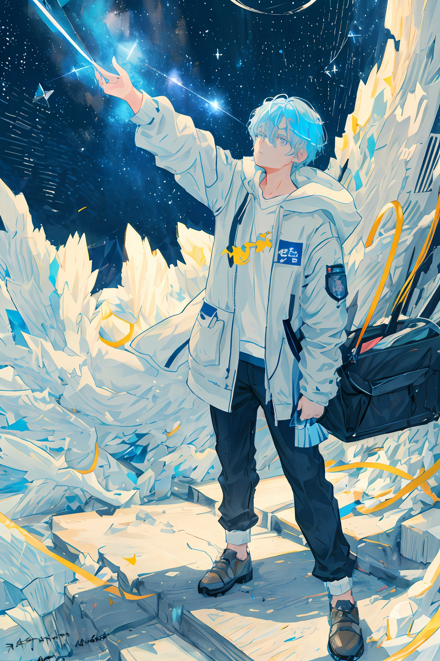 Anime style, boys, silver hair, cold, white glass shards, crystallization, dark night, frost, silence, rendering, masterpiece, volumetric lighting, random body pose, particle light effects, rendering