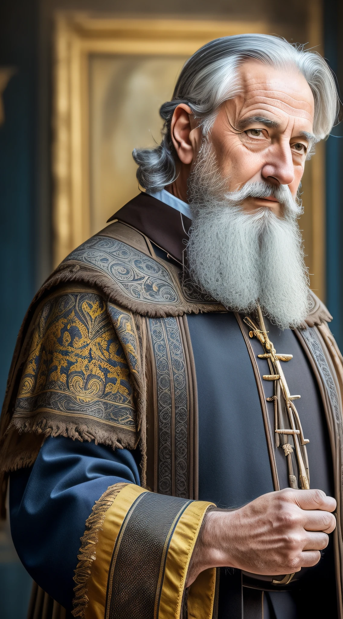 (realistic oil art, image up to the waist, 60-year-old man, French, black hair, gray hair, beard done), medieval teacher costume, medieval clothing, deep blue, yellow details, Renaissance intellectual, prophet, critical camera, blurred background, warm light, more details in clothing, strong leftovers, intellectual pose.