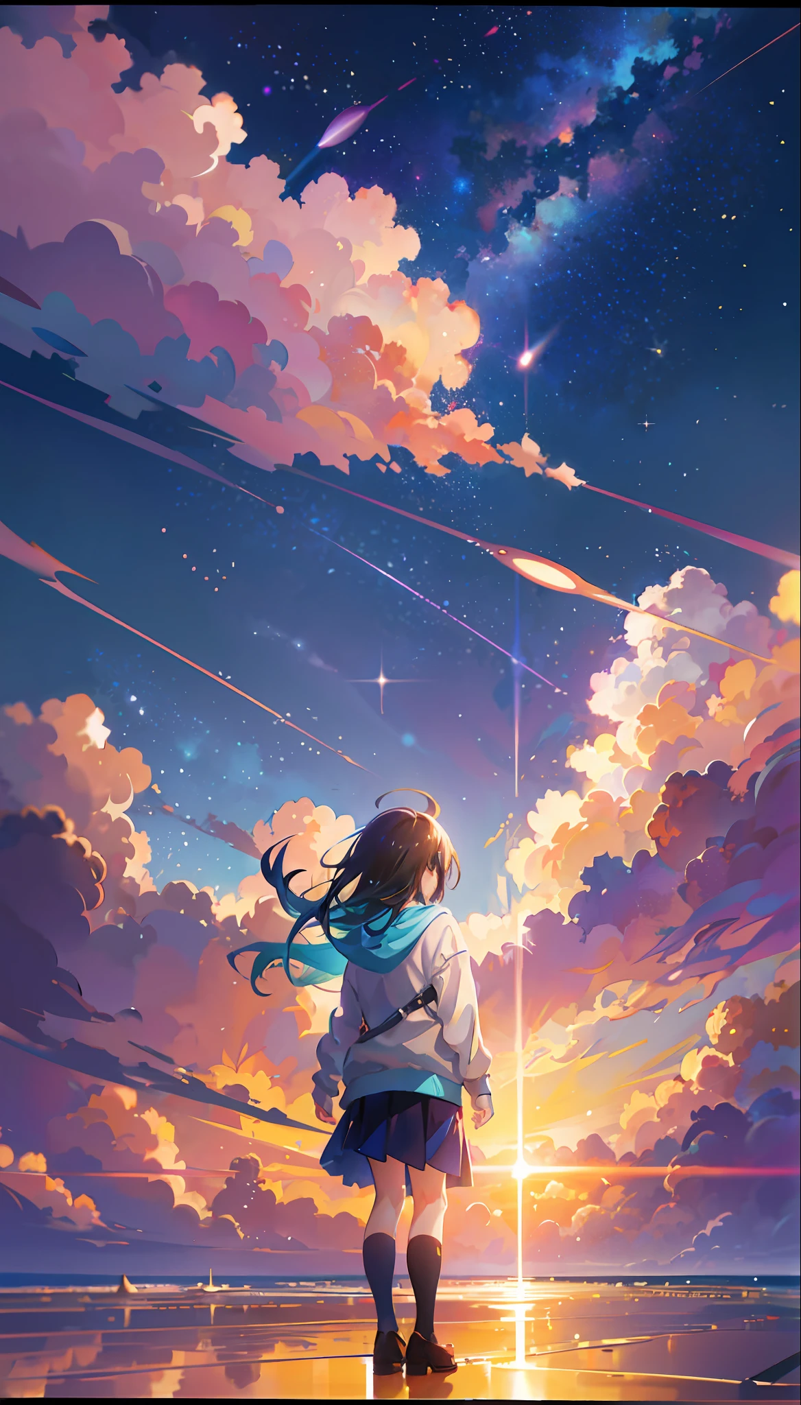 Anime scene of a girl standing on the beach watching the stars, Makoto Shinkai Cyril Rolando, Cosmic Sky. Author: Makoto Shinkai, Makoto Shinkai. Digital rendering, reflections. Author: Makoto Shinkai, Makoto Shinkai. Octane rendering, Shinkai Makoto style, Shinkai Makoto style, Shinkai Makoto style