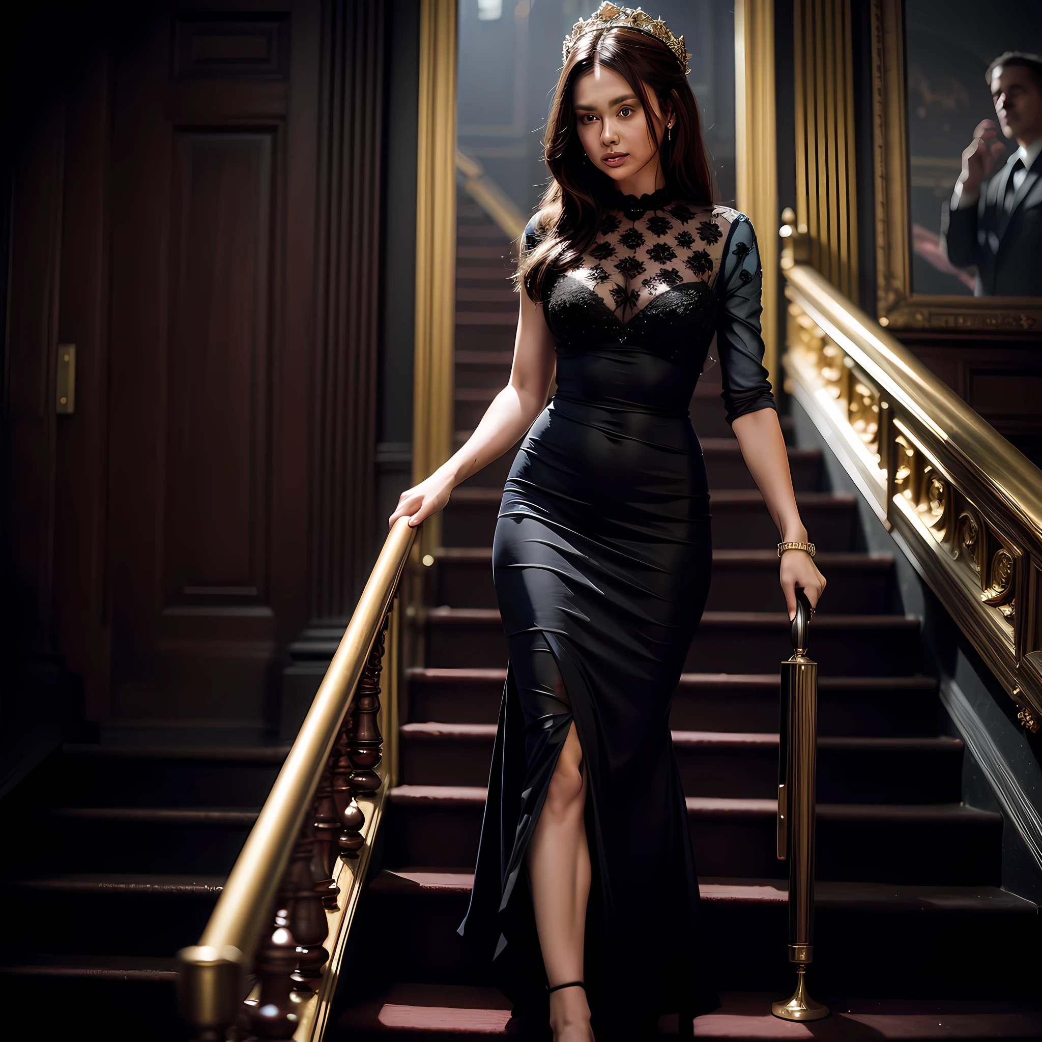 (down the stairs:1.5),(brunette:1.2) moving elegantly in a black dress, with contrasting red carpet, a close-up on her face revealing her radiant and confident beauty, environment illuminated with a soft and golden light.