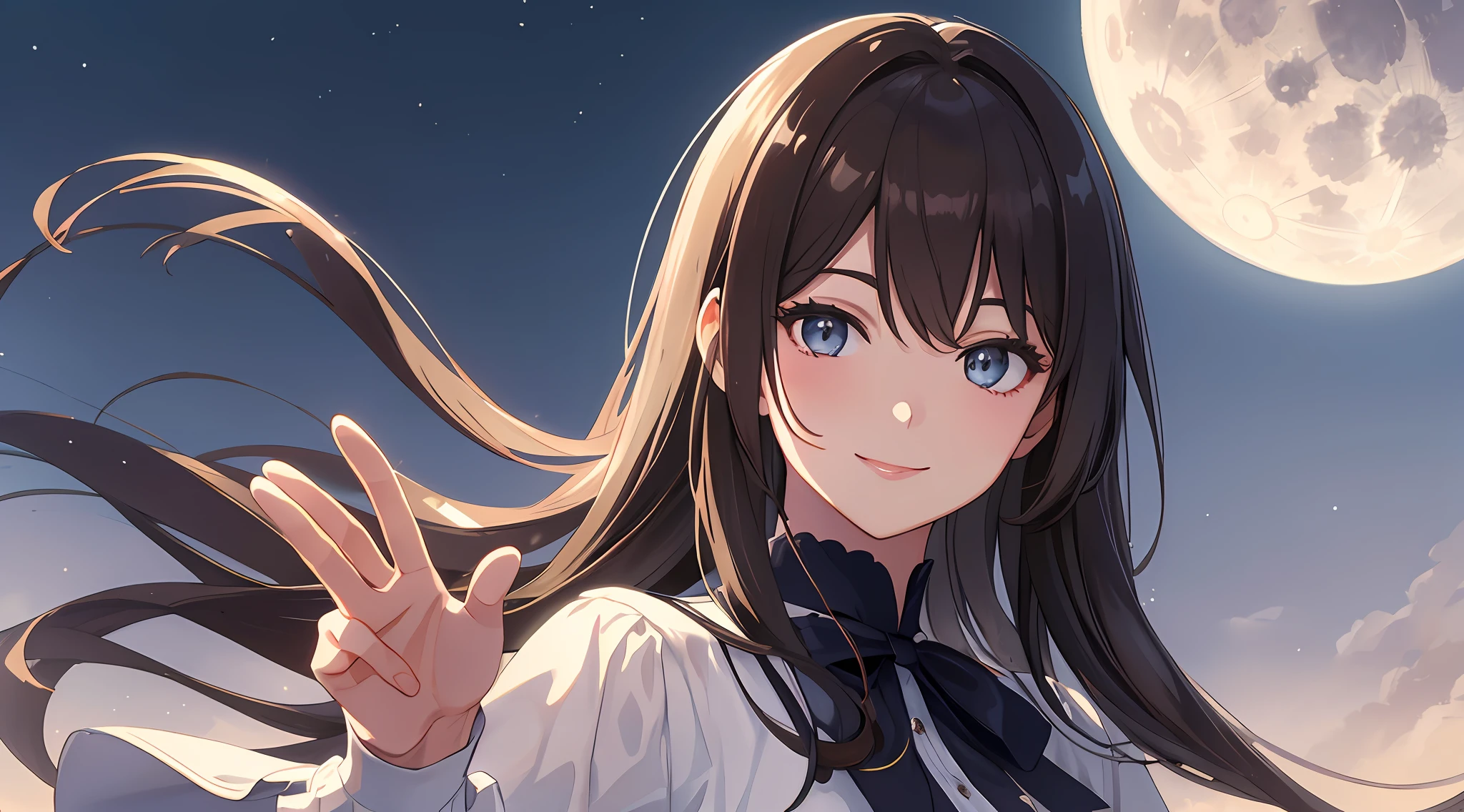 night, moonlight, one full moon, (masterpiece), (best quality), (super detailed), (illustration), (one beautiful woman), (white shirt), (waving), smile, standing, fashion model, looking at the viewer, (interview), (simple background), finely beautiful eyes, delicate beautiful face, (high saturation), (shine), focus on face, kamisato, brown hair, bangs, (shine), best lighting, The best shadows,