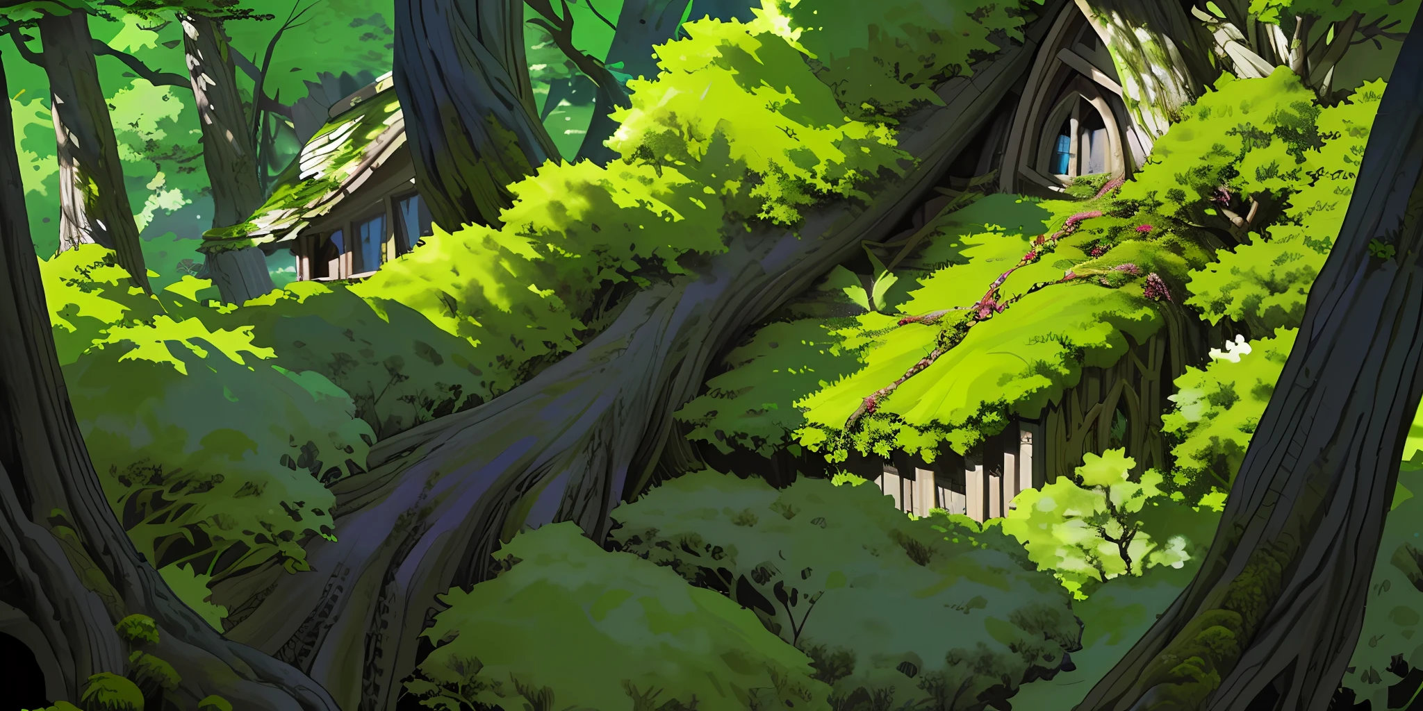 House coverd in moss in a dense florest with a lot of trees