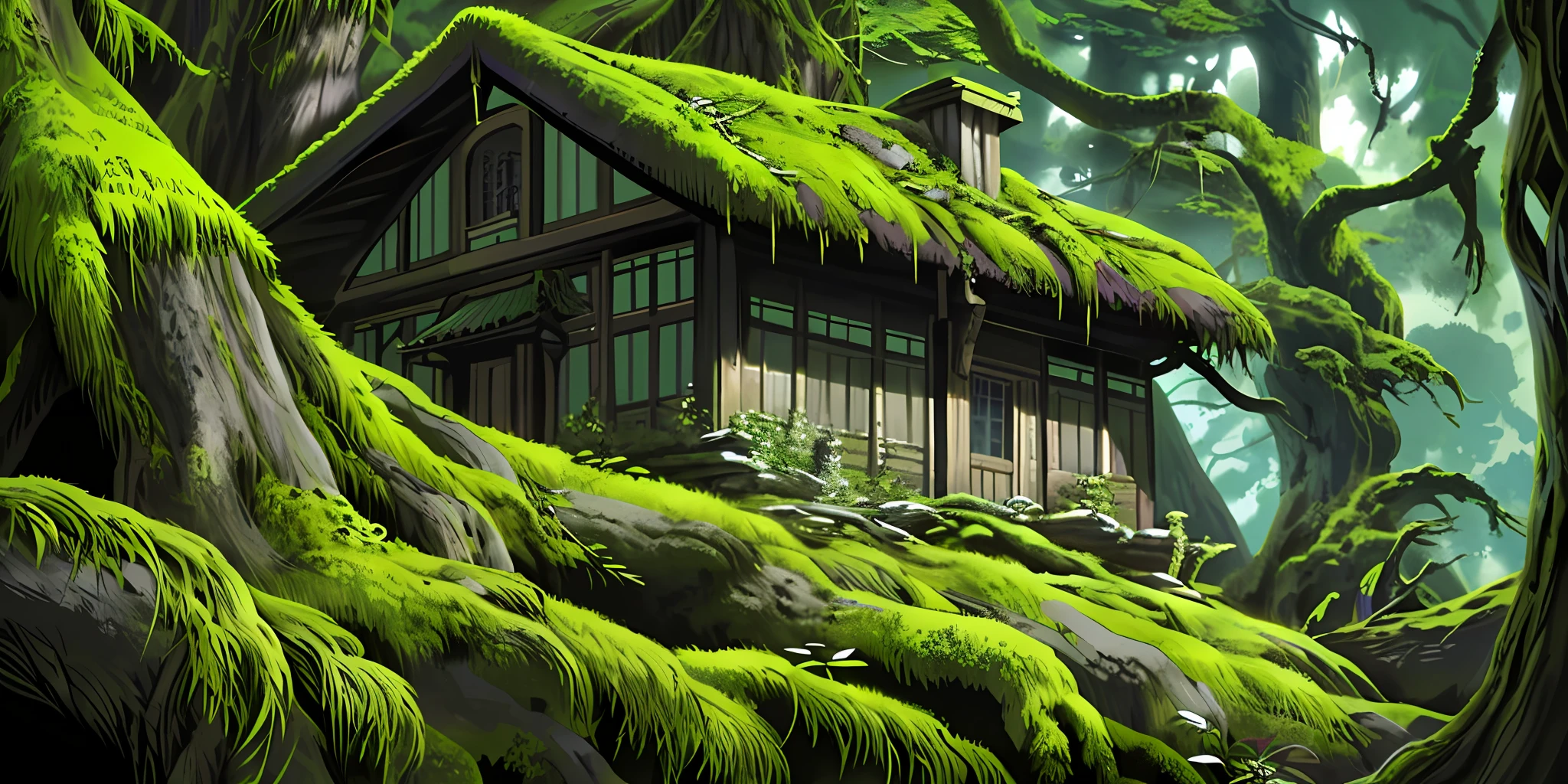 House coverd in moss in a dense florest with a lot of trees