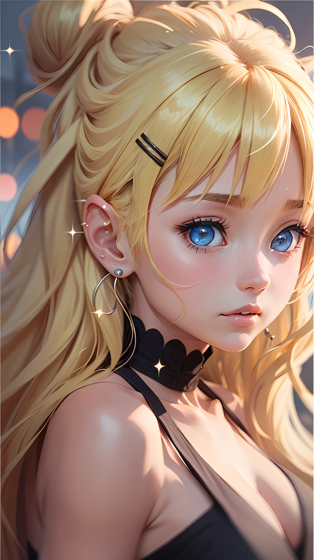 Girl, blonde hair, hairclip, earrings, sparkling eyes, embarrassed, hair bun, motion lines, anime, UHD, 16k, super detail, best quality