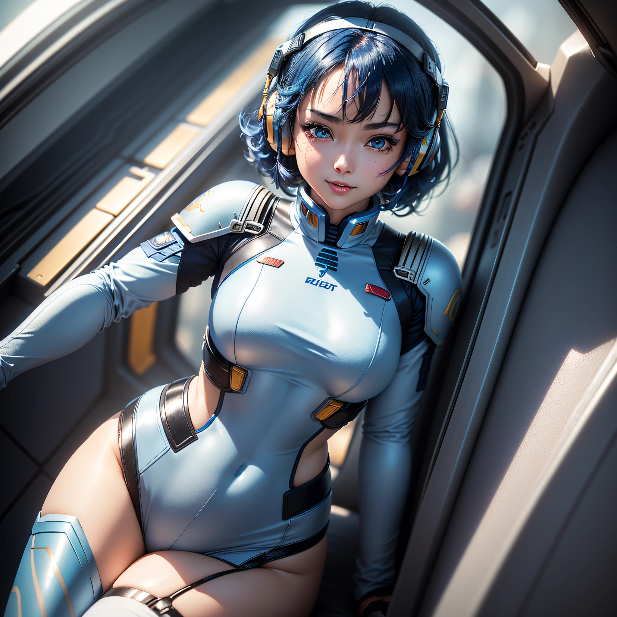 (Masterpiece, Best Quality, Best Resolution, distinct_image, Very Elaborate CG, Cinematic Lighting, Ray Tracing, Drop Shadows, Detailed Detail, (Photorealistic: 1.4), High Quality Textures, Fine-grained, Realistic Face Expression): (Single Girl, Face Japan Person, Blue Haired Girl, Short Cut, Lying, Small Size Breasts, Detailed Gundam cockpit with sparkly blue colored eyes, eye-level shots, metallic white and blue colored flight suits, tight-fitting clothes, full-body covering clothes, light smile, beauty, slim body, exoskeleton, heroine, headset, knee boots, solo ride)