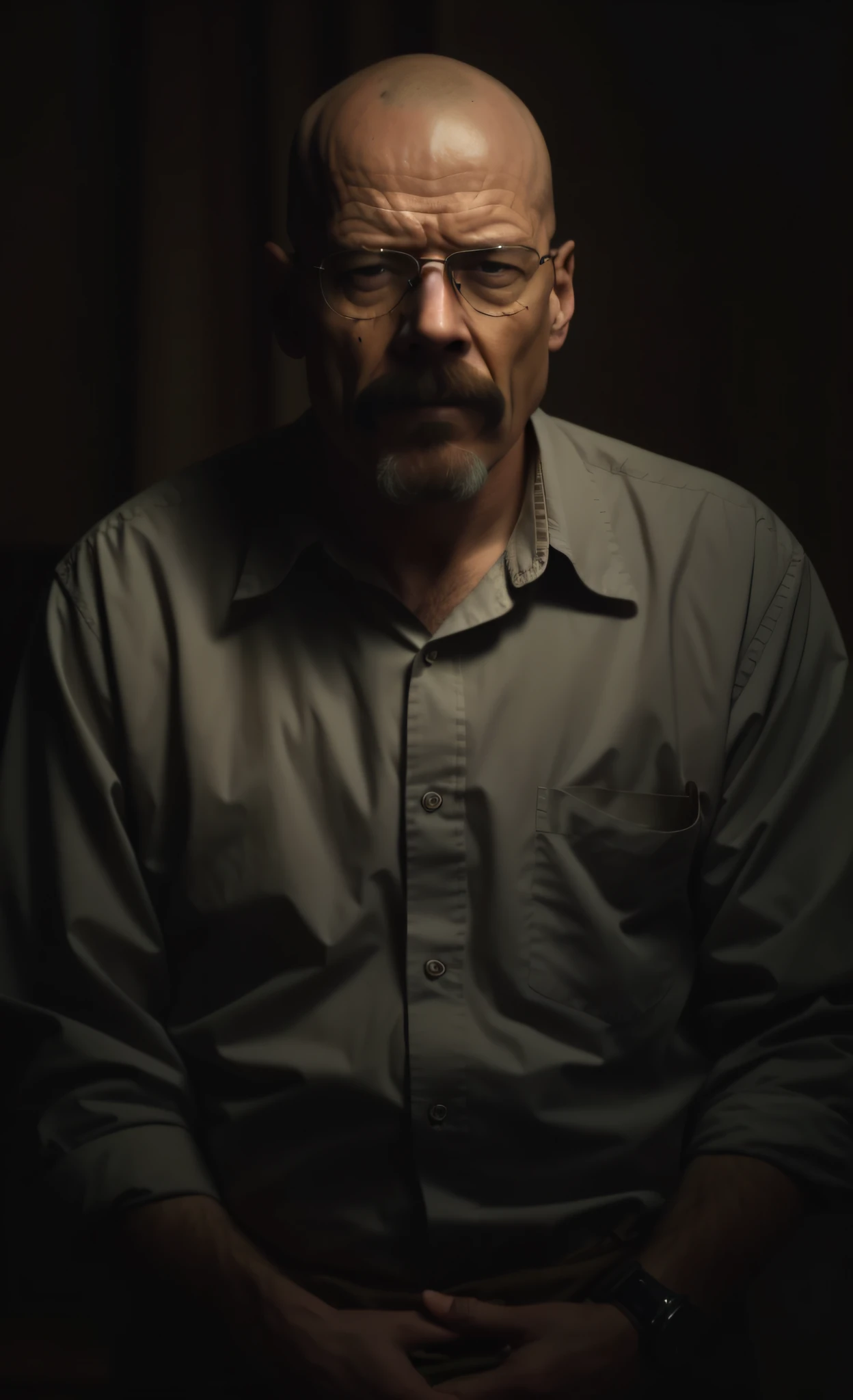 a close up of a man with glasses and a mustache, oldman with mustach, shot from movie, walter white in gta v, walter white in dark souls, walter white in valorant, scariest looking man alive, still from a movie, psychological horror movie still, portrait photo of walter white, walter white crying, still frame from a movie