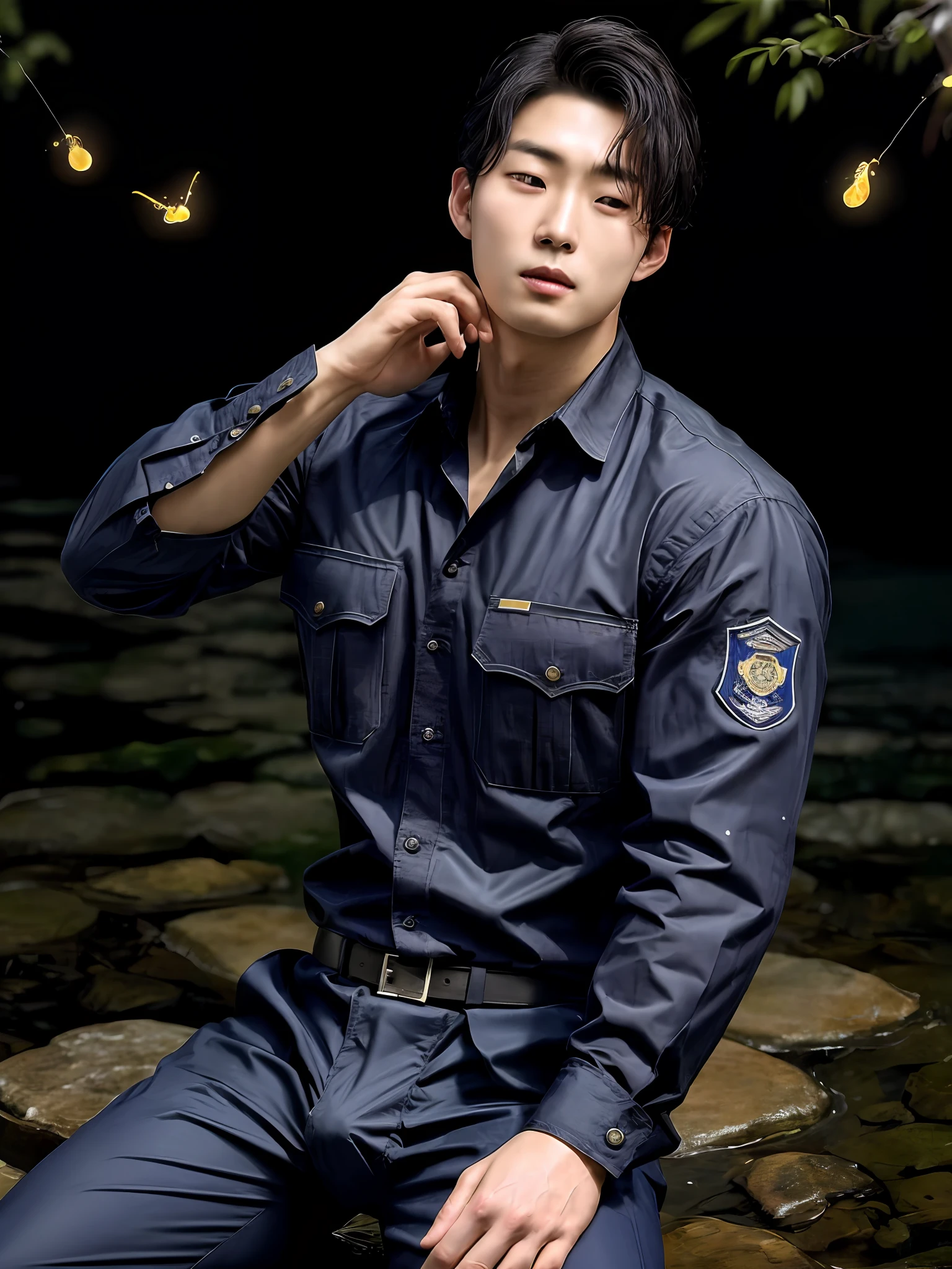 solo, male focus, (masterpiece, ultra quality, high resolution, 8k, intricate: 1.2), (detailed face:1.2), handsome, Young Korean man , , detailed skin, 1boy, ((realistic)), (muscular), policeman, , head tilted back, mouth open, saliva, (kneeling):1.3, leaning back, (police uniform, blindfold covering eyes, underwear, Water Spots, Black Pattern: 1.2, Underpants Raised), , ((Bust Portrait)), (Outdoor: 1.35), Moonlight, Alley, Shadows (Particles, Fireflies, Blue Glow): 1.3, Detailed backgrounds, realistic, realistic hands, 8k hd, (dark shadows, wide dynamic range, hdr, low light: 1.2)