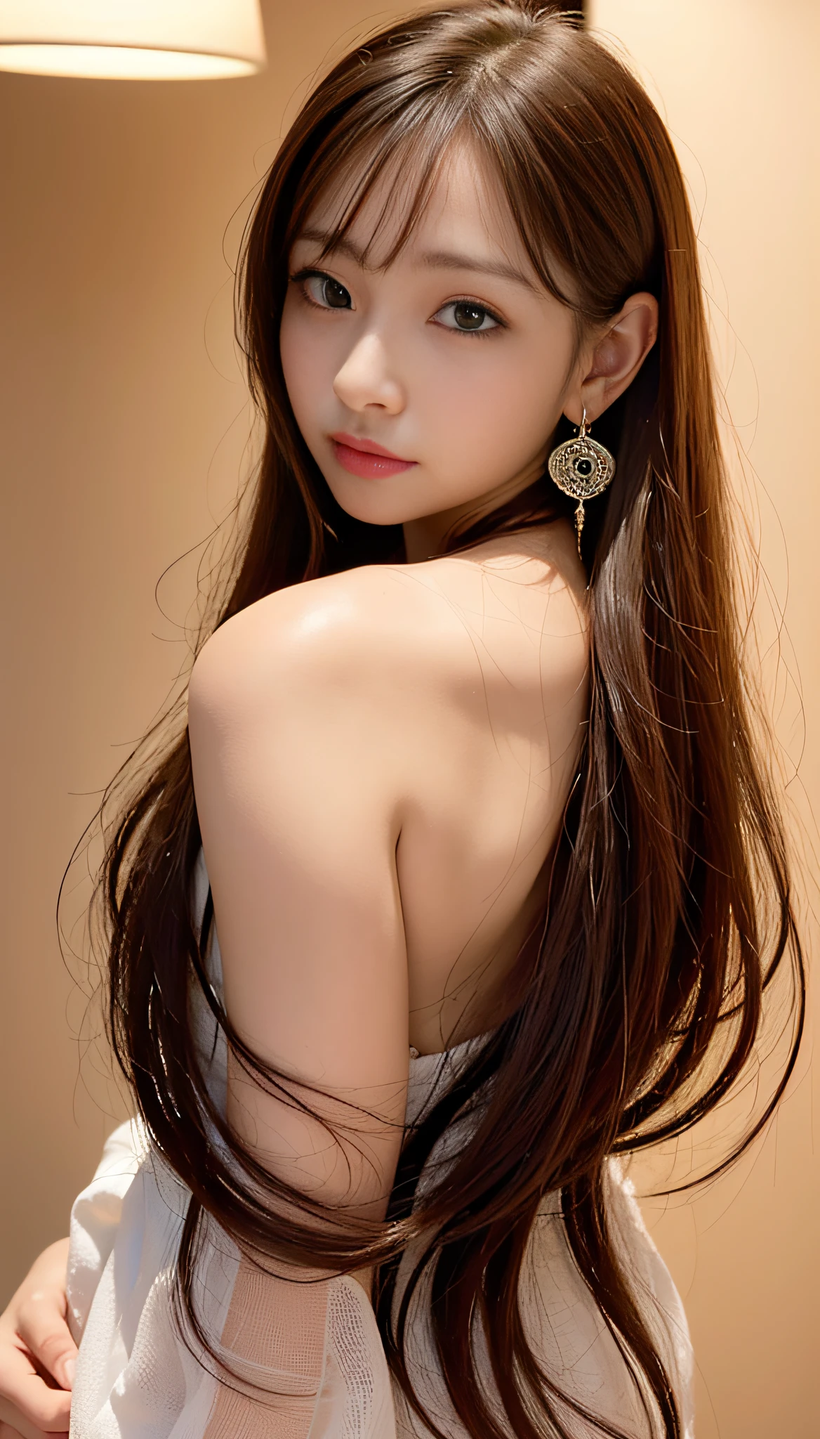 Top Quality, High Definition, 8K, 1 Girl, Back Figure, Gorgeous, (Long Hair), Beautiful Earrings, Japan Women