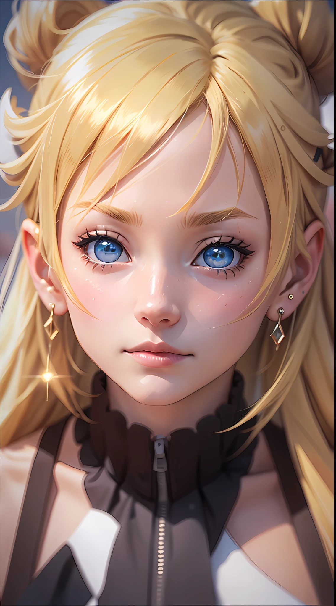 Girl, blonde hair, hairclip, earrings, sparkling eyes, embarrassed, hair bun, motion lines, anime, UHD, 16k, super detail, best quality