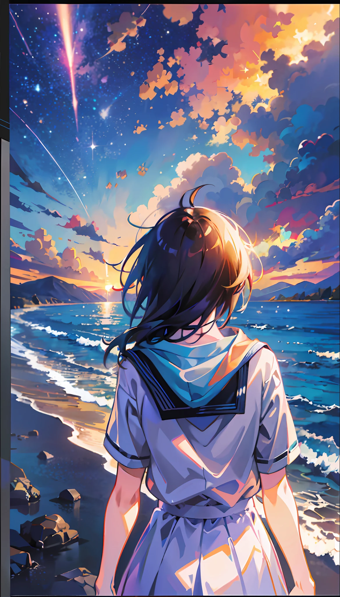 Anime scene of a girl standing on the beach watching stars, school uniform, Makoto Shinkai Cyril Rolando, Cosmic Sky. Author: Makoto Shinkai, Makoto Shinkai. Digital rendering, reflections. Author: Makoto Shinkai, Makoto Shinkai. Octane rendering, Shinkai Makoto style, Shinkai Makoto style, Shinkai Makoto style