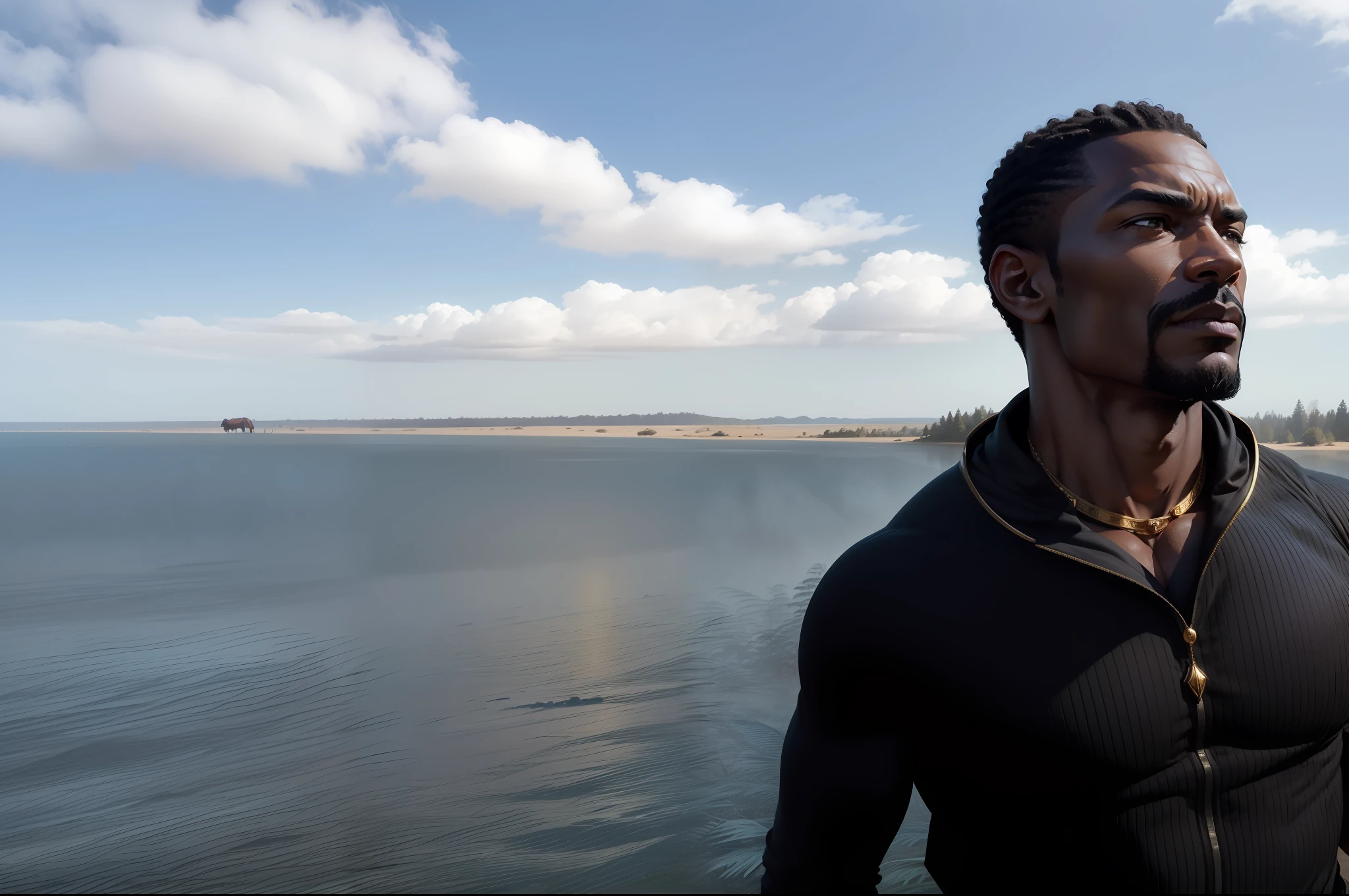 fking_scifi, fking_scifi_v2, portrait of a middle age, muscular very hary, handsome and attractive African warrior man, in front of a foggy forest, rich colorful clothes and golden african jewelry, close up, regal pose and attitude. fking_cinema_v2. --auto --s2