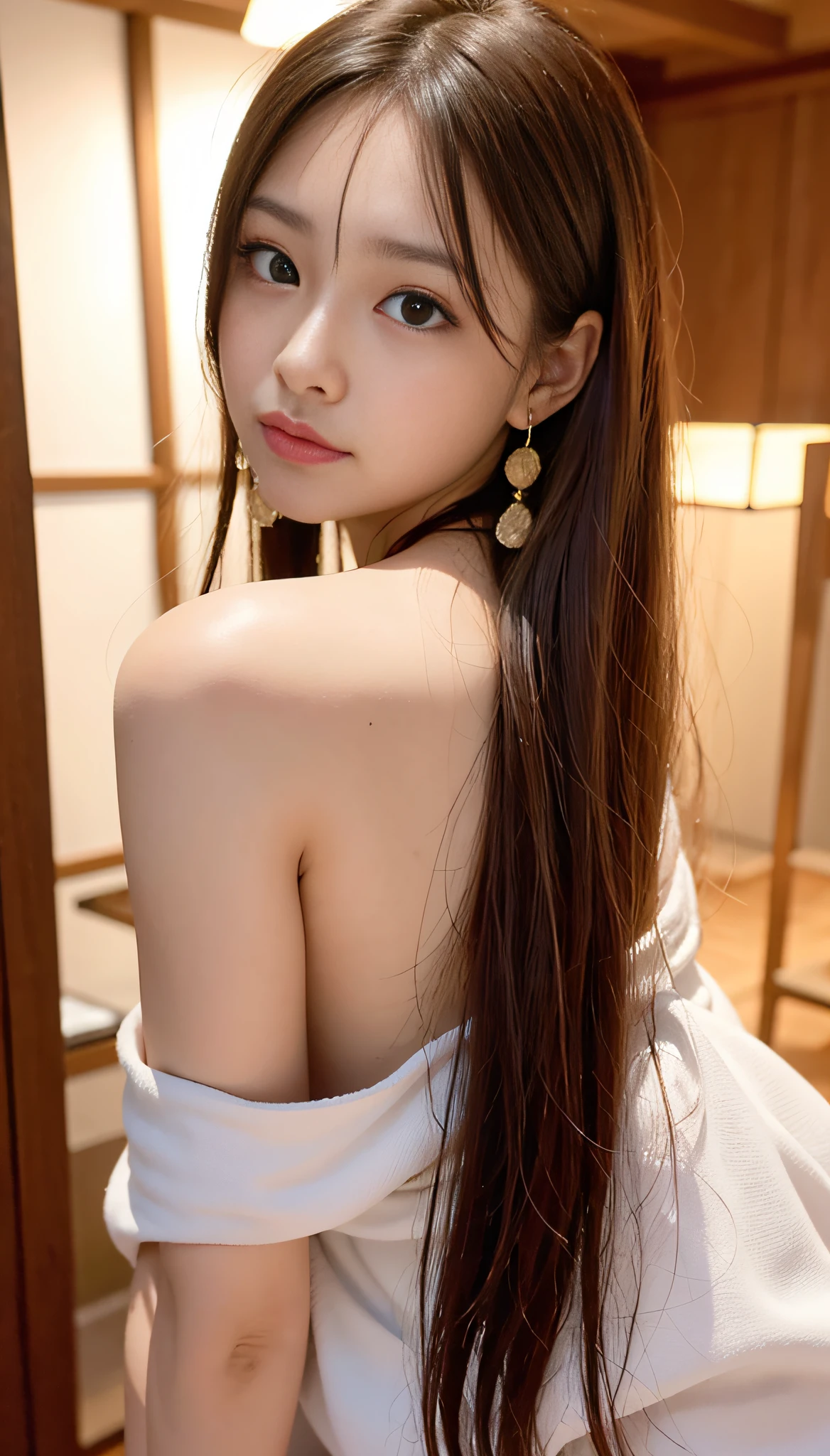 Top Quality, High Definition, 8K, 1 Girl, Back Figure, Gorgeous, (Long Hair), Beautiful Earrings, Japan Women