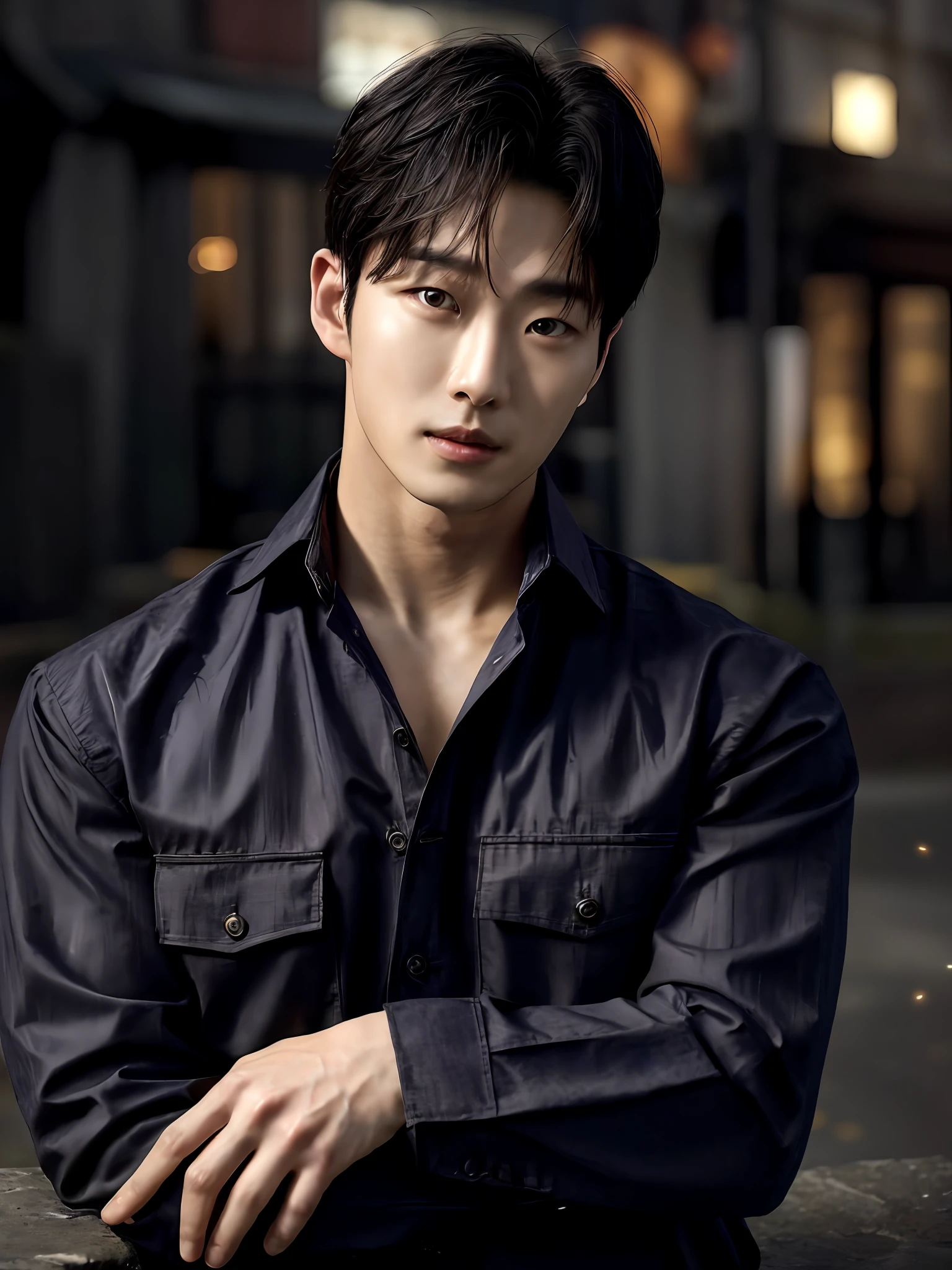solo, male focus, (masterpiece, ultra quality, high resolution, 8k, intricate: 1.2), (detailed face:1.2), handsome, Young Korean man , , detailed skin, 1boy, ((realistic)), (muscular), policeman, , head tilted back, mouth open, saliva, (kneeling):1.3, leaning back, (police uniform, underwear, Water Spots, Black Pattern: 1.2, Underpants Raised), , ((Bust Portrait)), (Outdoor: 1.35), Moonlight, Alley, Shadows (Particles, Fireflies, Blue Glow): 1.3, Detailed backgrounds, realistic, realistic hands, 8k hd, (dark shadows, wide dynamic range, hdr, low light: 1.2)