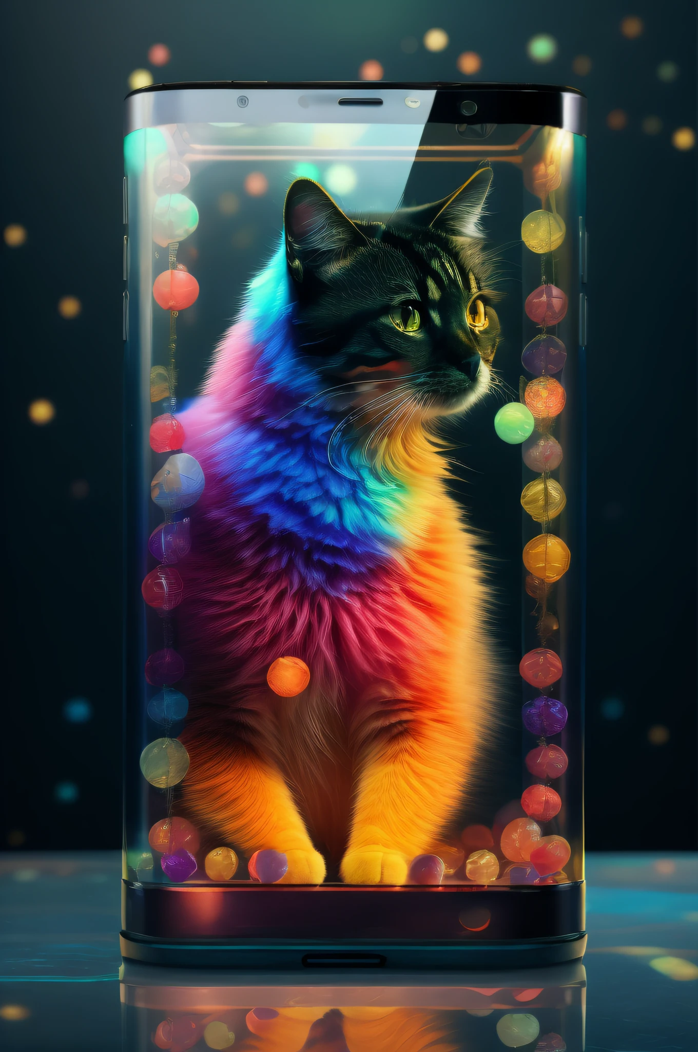 A closeup of a cat in a glass box with a colorful background, amazing wallpaper, animal photo of digital art, very beautiful furry art, wallpaper art, cute iphone wallpaper, beautiful digital art, colorful digital fantasy art, stunning art, amazing digital art, HD phone wallpaper, colorful concept art, beautiful digital art, colorful dark rainbow skin