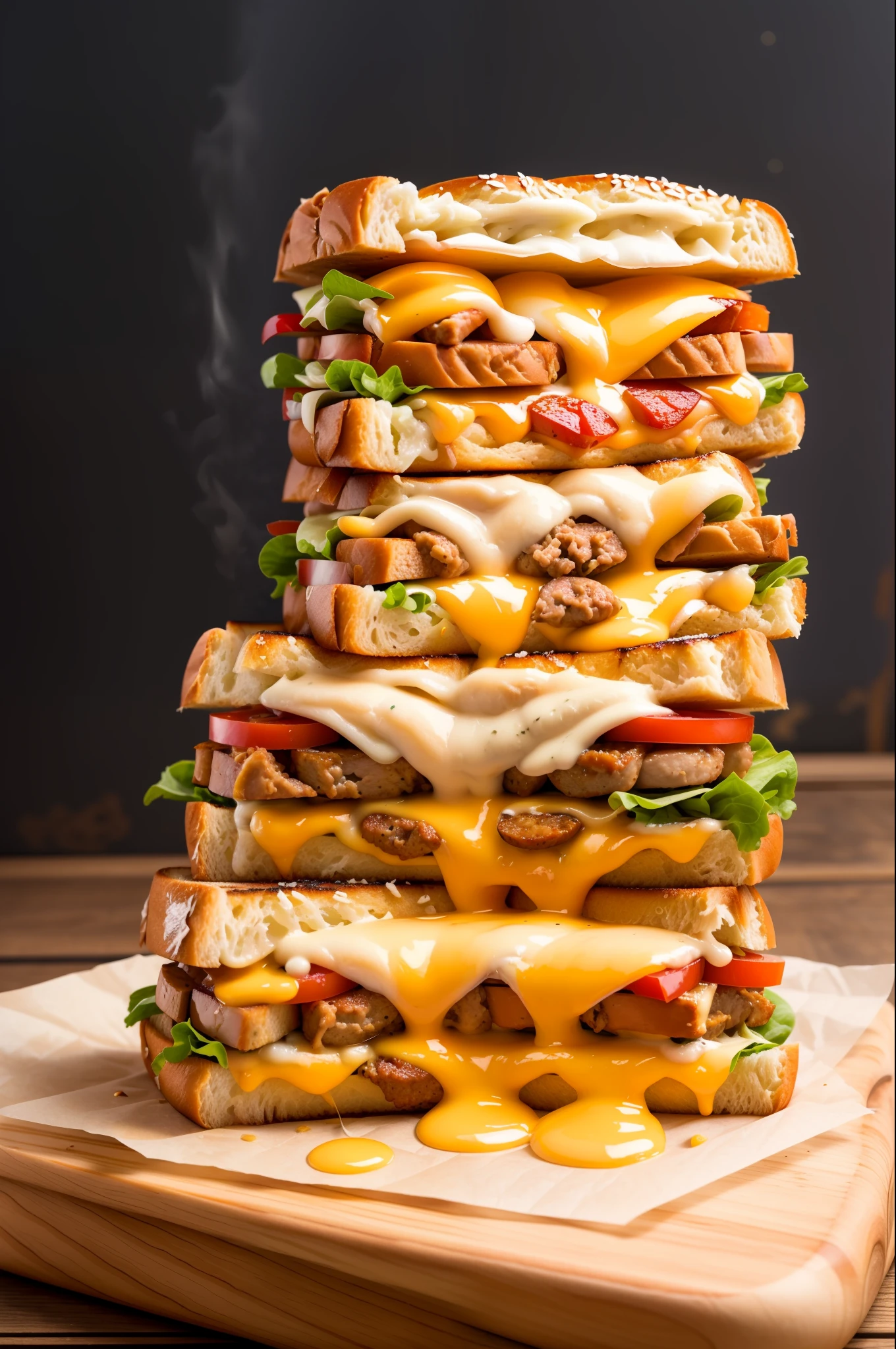 masterpiece, high quality, top quality, realistic texture, sandwich with sausage and grilled cheese, food photo,