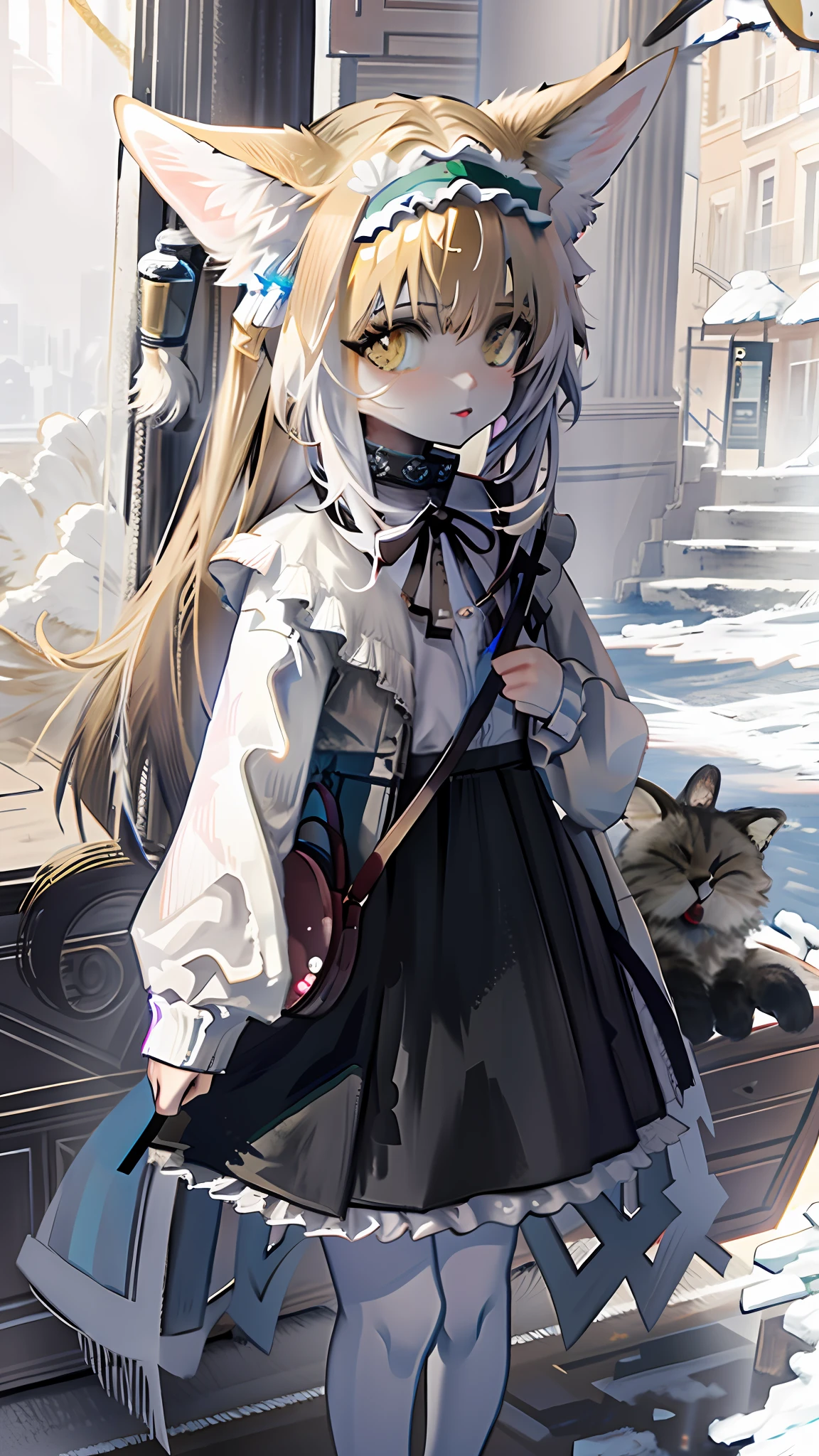 Cat ears, white fur, trench coat, street, heterochromic pupils, , golden chains