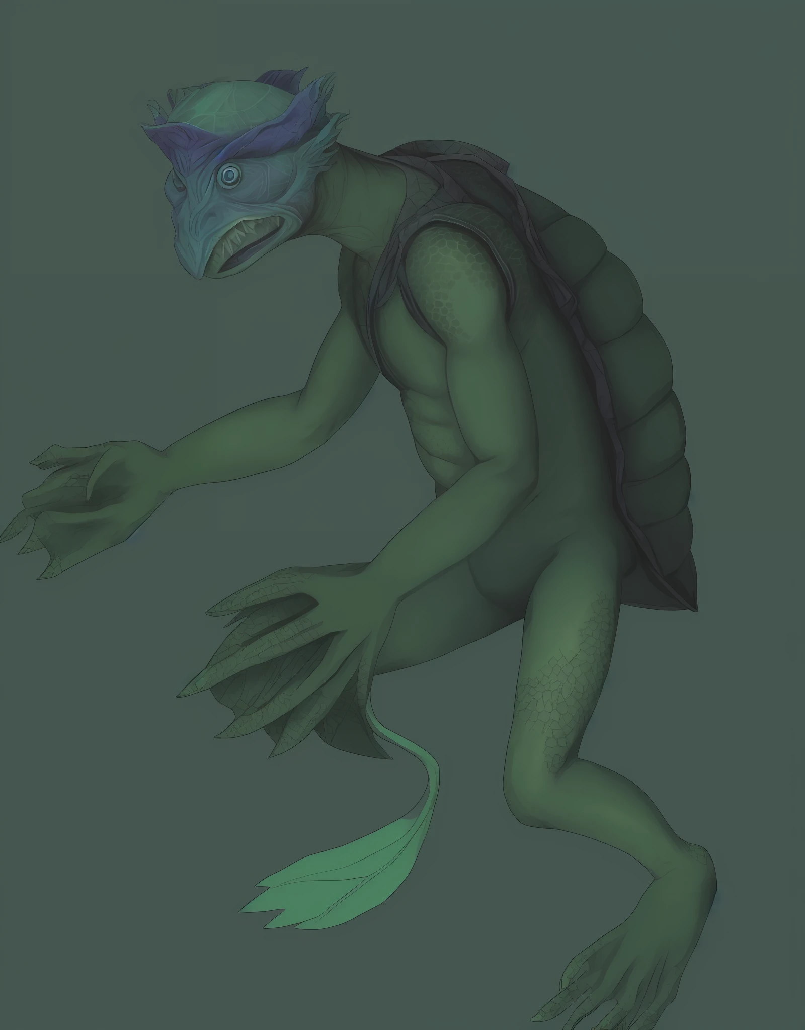 The body is blue, humanoid turtle monster, anthropomorphic turtle humanoid, anthropomorphic turtle, anthropomorphic turtle, humanoid thistle monster, green skin with scales, anthropomorphic turtle hero, one of the demonic creatures