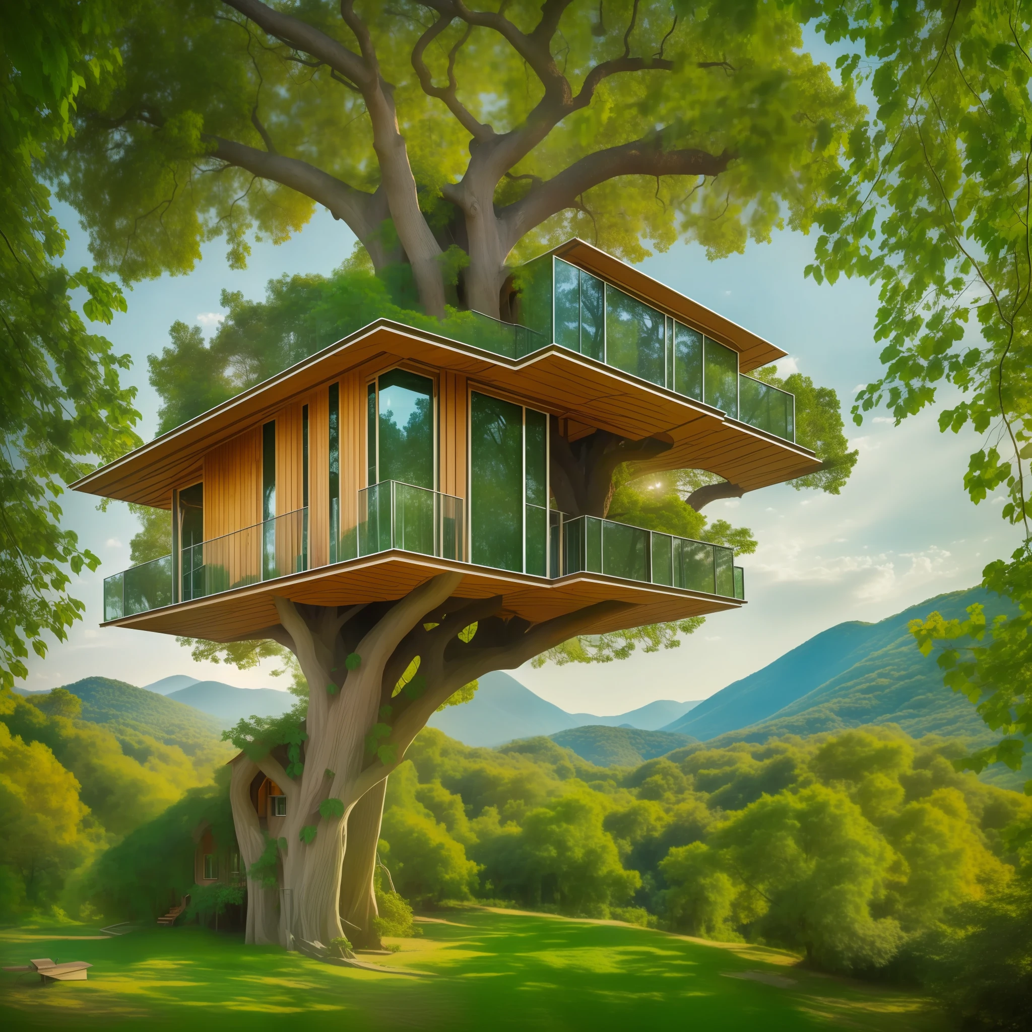 ((beautiful work of art)), best quality, highly detailed, treehouse with giant windows in photovoltaic panels,(very green),(photovoltaic panels in the form of giant leaves:1.2),(panoramic view),(clear day),(tree with twisted trunk),(cozy house),Oil painting, magical scenery.