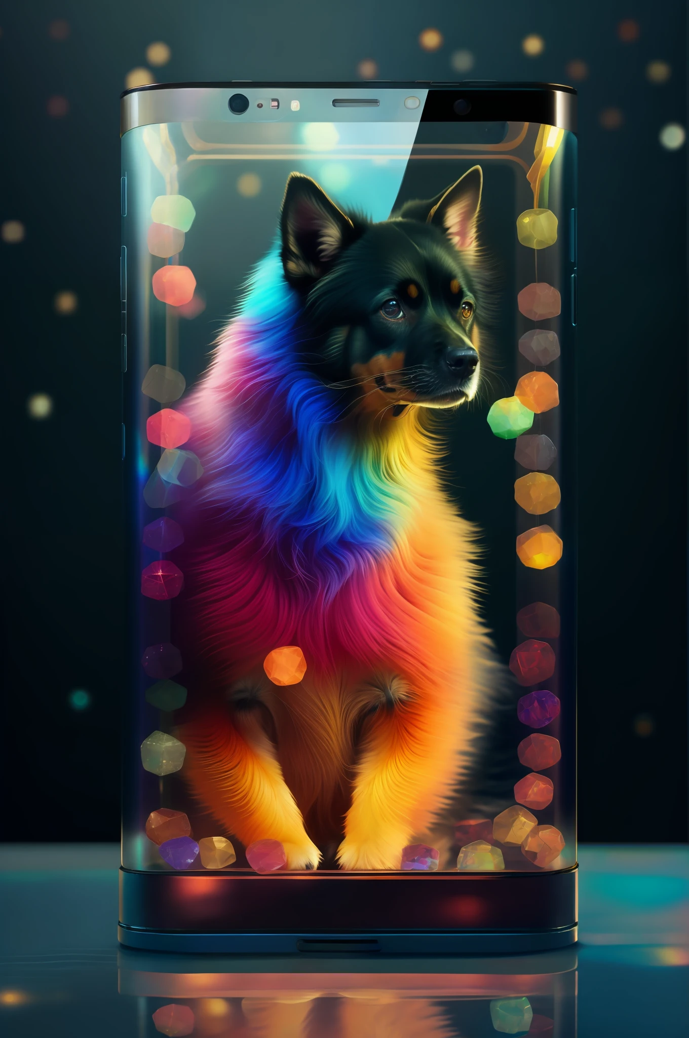 A closeup of a dog in a glass box with a colorful background, amazing wallpaper, animal photo of digital art, very beautiful furry art, wallpaper art, cute iphone wallpaper, beautiful digital art, colorful digital fantasy art, stunning art, amazing digital art, HD phone wallpaper,  colorful concept art, beautiful digital art, colorful dark rainbow skin
