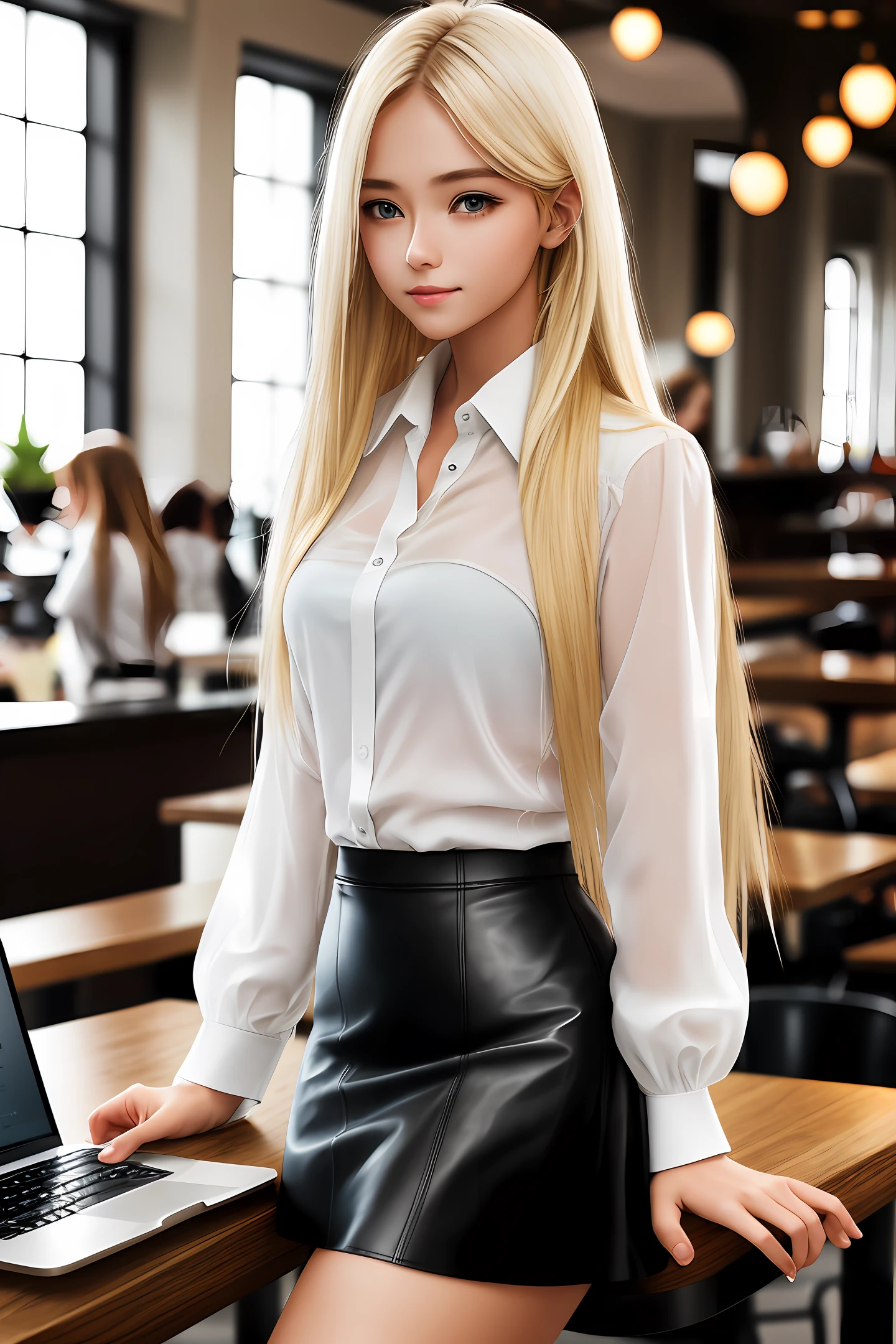 Realistic skin feeling, long hair blonde, fashionable café background, touching laptop with one hand, white shirt see-through, wearing black leather skirt, beautiful girl, big