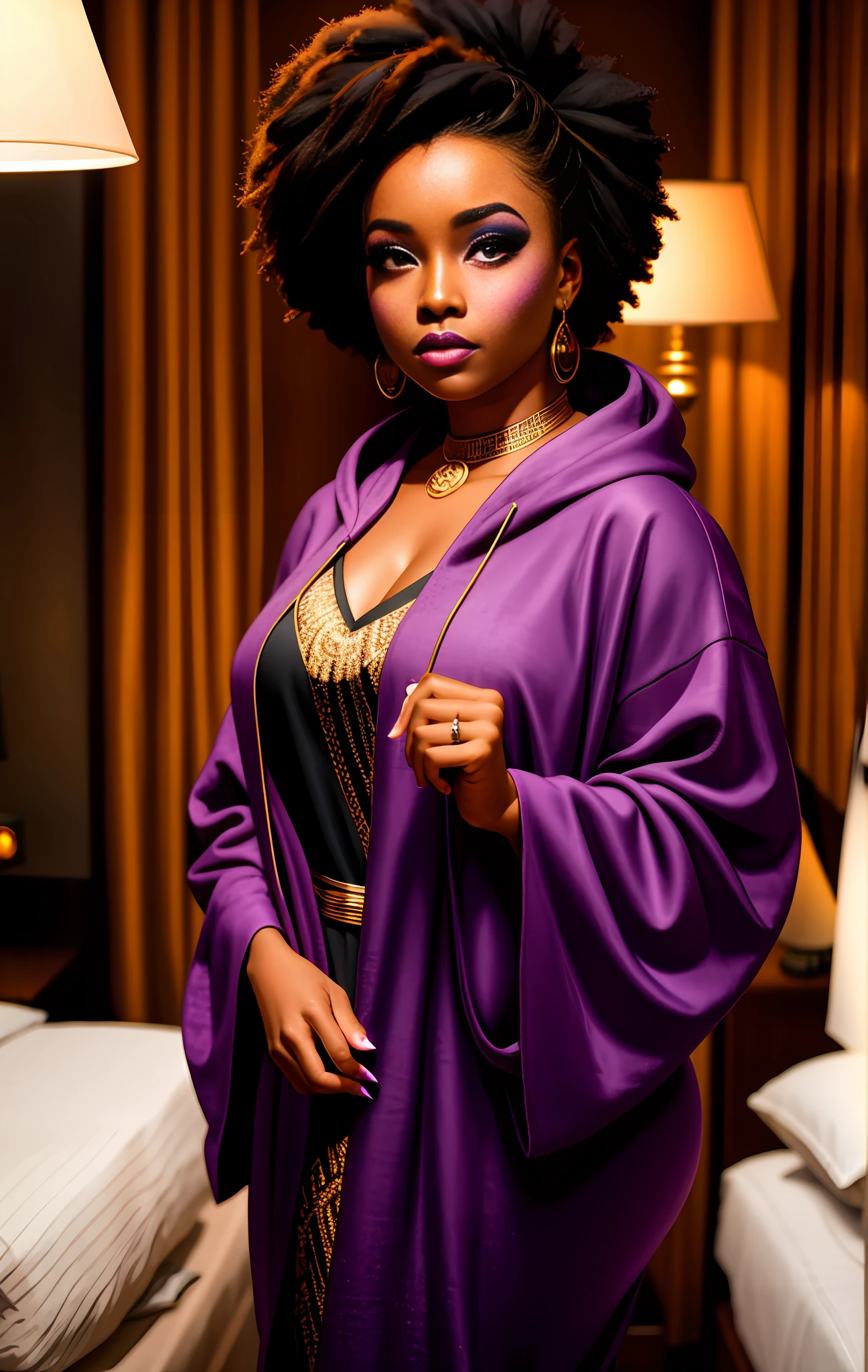 african goddess girl purple hoodie in a (hotel bedroom:1.2), sfw:2, (sharp focus:1.2), full body portrait, ((pinup)), pin up girl, ((full body)), (beautiful face:1.1), detailed eyes, luscious lips, (makeup:1.4), body freckles,  wearing a nuisette, dress focus,:1.2)  dark studio, black skin, really curly hair, rim lighting, two tone lighting, dimly lit, low key, (warm lamp lighting:1.2), depth of field, bokeh, 4K, HDR. by (James C. Christensen:1.2|Jeremy Lipking:1.1). chubby cheeks, [:(detailed face:1.2):0.2]