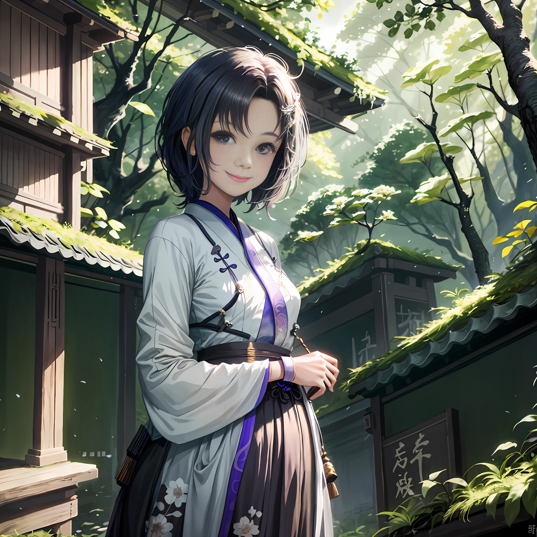 (masterpiece),best quality,good anatomy, shuimobysim,(1 girl:1), (upper body),(smile),short hair,(hanfu),(ecchi0.5), (trees:0.5), (flowers:0.6) ,(wooden house:0.2),(bamboo forest:0.2),(creek:0.2),(river:0.2),