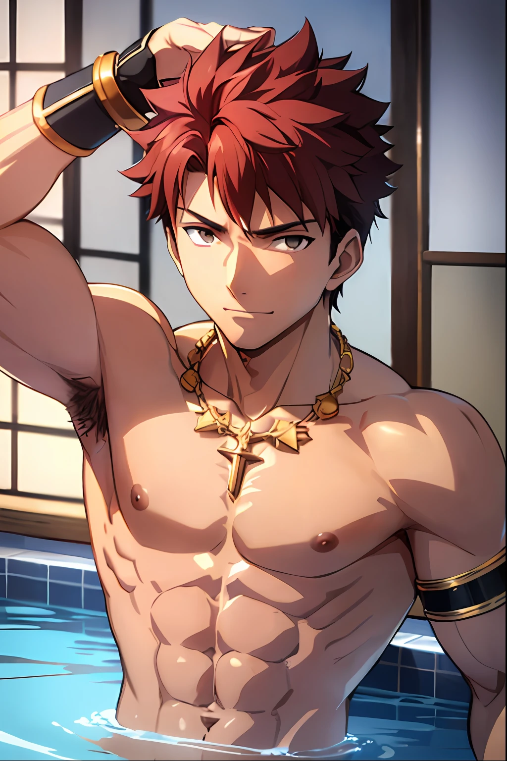 In Fate/stay night sytle, Shirou Emiya, solo, masterpiece, best quality, super detailed, best illustration, perfect anatomy, high resolution, high resolution, 1 boy, short spiked hair, floating hair, detailed red hair, ((real and detailed face)) ((teen)), 25 years old, ((gold necklace) ((nude)) ((speed)), black watch, abs, smile, anime color, swimming pool, ((male focus)), 1 boy, Nude, ((nude)), detailed abs, pectoral muscles, muscular, facial details, glare, victory pose, details, Japanese anime boy, Japanese anime style