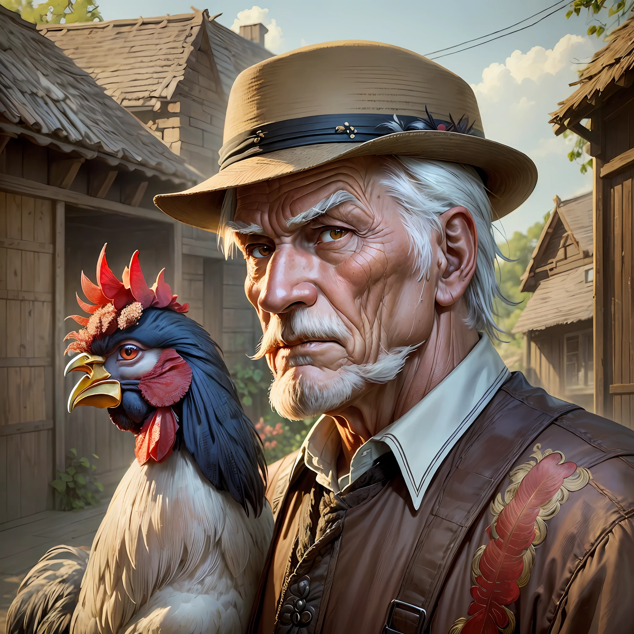 ((OLD MAN WITH A WHOLE ROOSTER BY HIS SIDE))),((HIGH LEVEL OF DETAIL))), ((facial expression), (((LOOKING AT THE SPECTATOR)) ), (((REALISTIC)) ) --auto --s2