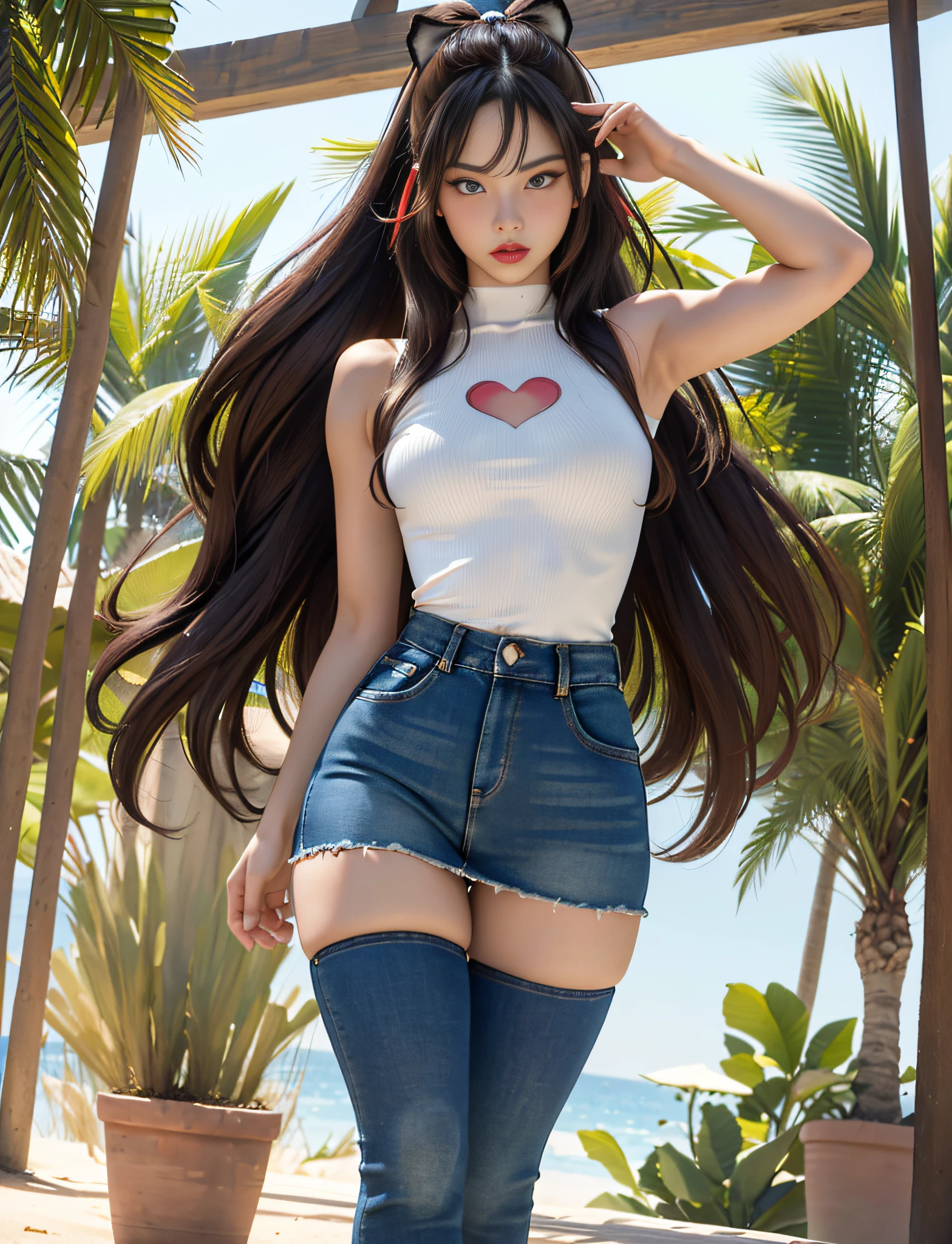 (very detailed RAW color photo), (1 girl), (alone), (29 years), (athletic), (very defined toned physique), (very defined and beautiful muscular body), (very detailed perfect body), (small and defined breasts), (ultra defined curves), (superior quality, 8k, masterpiece: 1.3), (sharp focus: 1.2), (extremely beautiful girl with perfect figure: 1.4), (very thin waist: 1.2), (ultra detailed skin texture),  (perfect and beautiful hands), (smooth and soft skin), (ultra detailed fabric texture), (extremely beautiful ultra detailed face), (big and perfect butt), (she is wearing a tight summer t-shirt and a plain denim skirt with military ankle boots), (extremely long curly brown hair), (extra long ponytail with bangs), (very detailed and beautiful tiger ears),  (hair on face), (hair ribbon), dynamic pose, (clothes leave thighs exposed), (ultra detailed and toned legs), ((very wide hips)), ((very thick and toned thighs)), (sexy), ((extreme hourglass figure)), ((very thick heart lips)), ((red lipstick)), ((blue eyes)), ((angry look)), (blush), (makeup), (ultra-defined waist), eye shadow,  (full body shot), she is in an oasis in the middle of the desert in Egypt, palm trees, clear sky