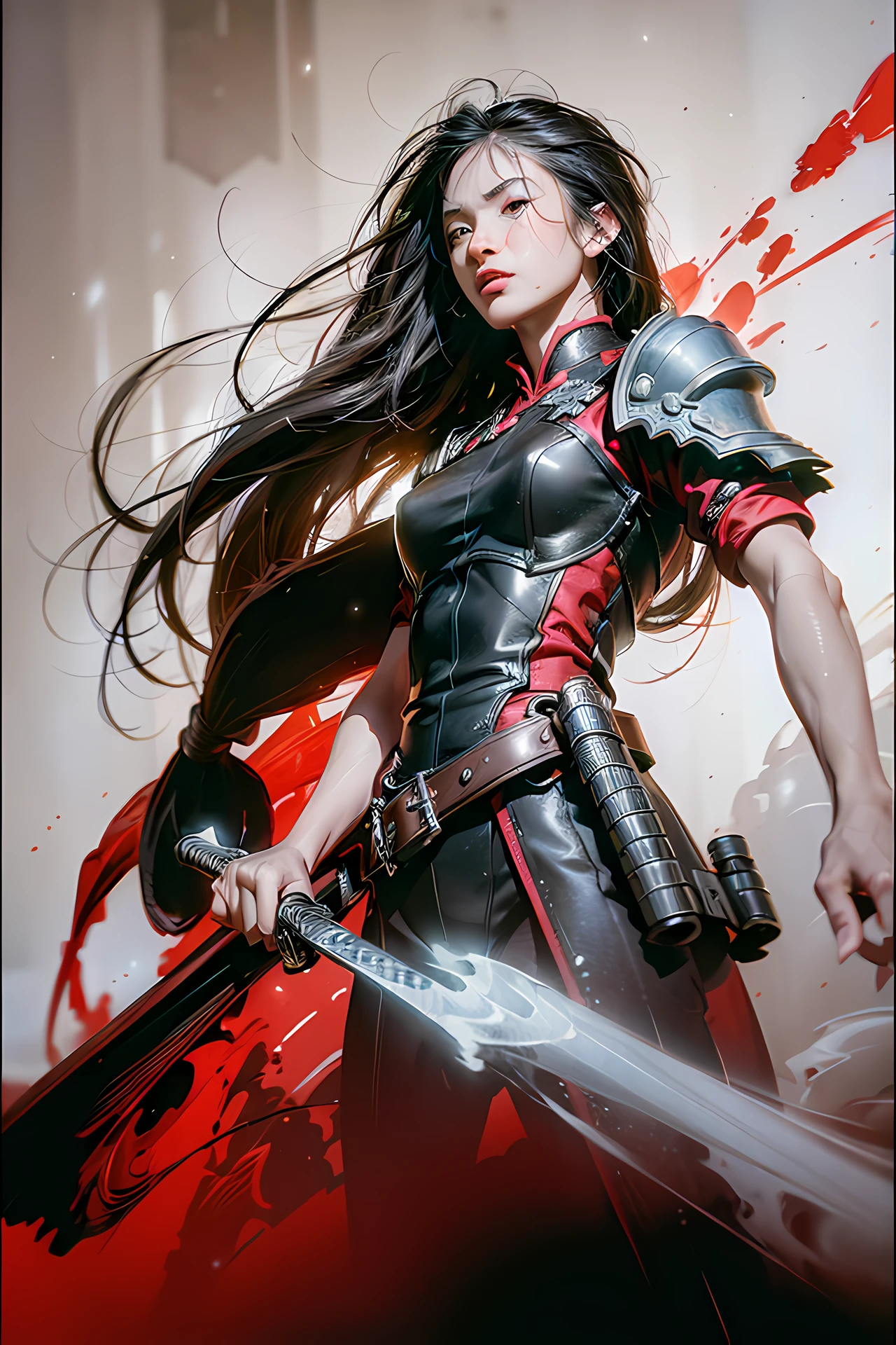 (RAW photo, best quality),(realistic, photorealistic: 1.3),extremely delicate and beautiful,Amazing,small detail,masterpiece,ultradetailed,high resolution,(best illustration),(best shadow),intricate, (male: 1.4),armor,sword,long hair,black hair,holding weapon,blood,sword. (dynamic pose), holding, arm guards, blood on gun, tabi, floating hair, full body, costume, brushstrokes, explosions, overexposure, ((watercolor painting by John Berkey and Jeremy Mann)) brushstrokes, negative space, red paint splatter, in the style of gritty urban realism, violent and wild artwork with a satirical edge, intense energy (fog: 1.4), sharp focus, volumetric fog, 8k UHD, DSLR, high quality (film grain:: 1 ,4), Fujifilm XT3, print in black and red tones background, motion blur, ,upper body
