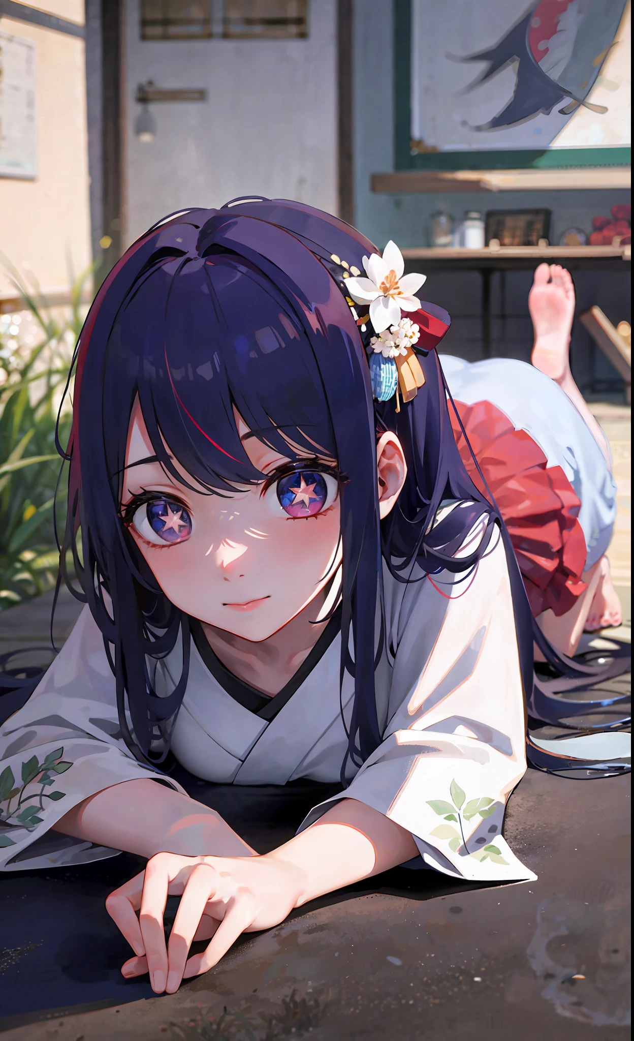 (Masterpiece, Yokomitsu, Fine and Beautiful Eyes: 1.2), Masterpiece * Portrait, Realistic, 3D Face, Shining Eyes, (Ultra Detailed Star-shaped Pupils)) Glossy Hair, Lustrous Skin, Solo, Looking at the Camera, Full Body, Kimono, Fluffy Kimono, ((Kimono Open to Chest)), No Underwear, Panties, 3D Eye Makeup, Crawling on All Fours