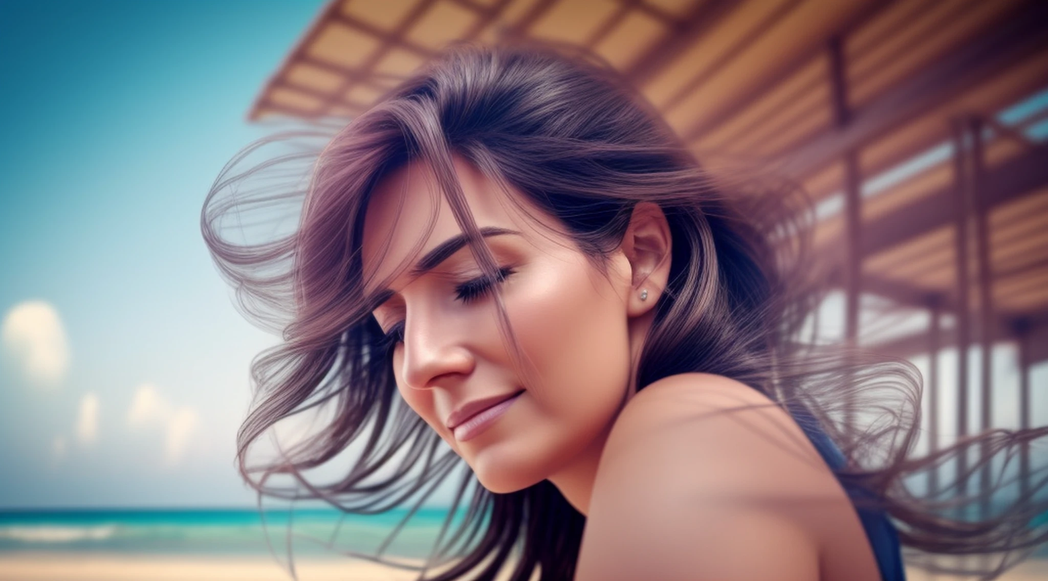 hyper realistic, 35-year-old woman dreaming of a better life looking at the horizon cinematic blurred background