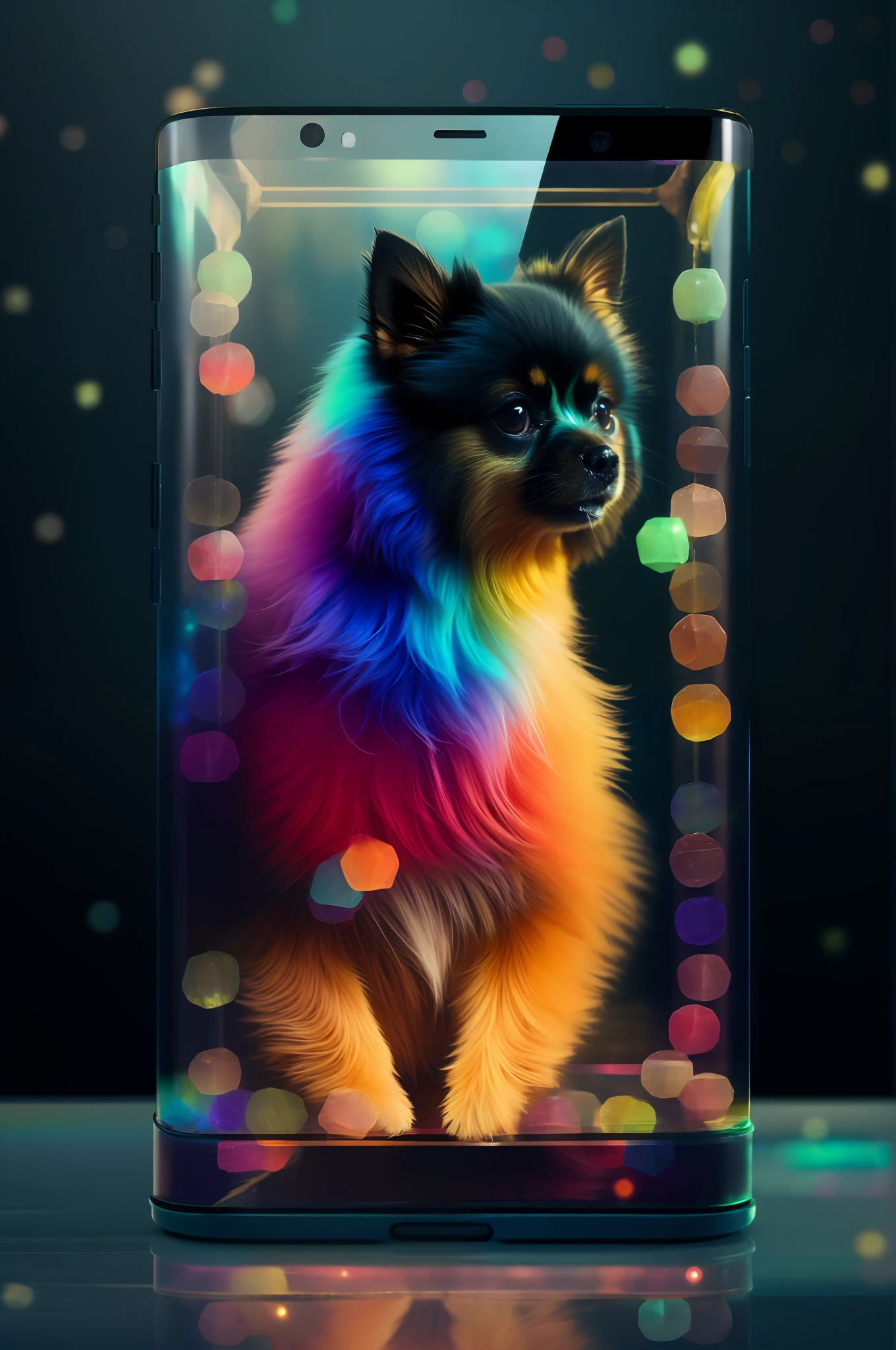 A closeup of a Pomeranian Lulu in a glass box with a colorful background, amazing wallpaper, animal photo of digital art, very beautiful furry art, wallpaper art, cute iphone wallpaper, beautiful digital art, colorful digital fantasy art, stunning art, amazing digital art, HD phone wallpaper, colorful concept art, beautiful digital art, colorful dark rainbow skin