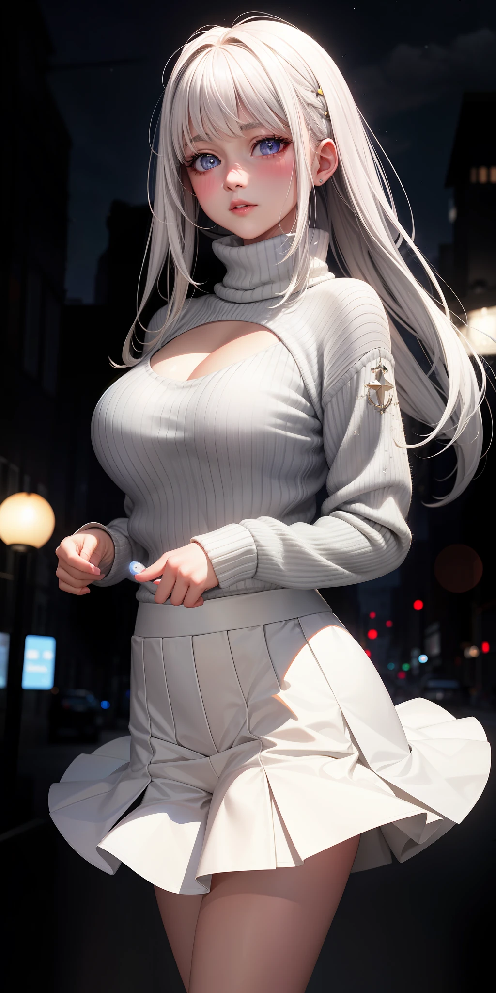 White-haired girl, pure, realistic, 1girl, star eyes, backlight, sweater, sweater chest open love hole, skirt, parted lips, blush, night, 8k