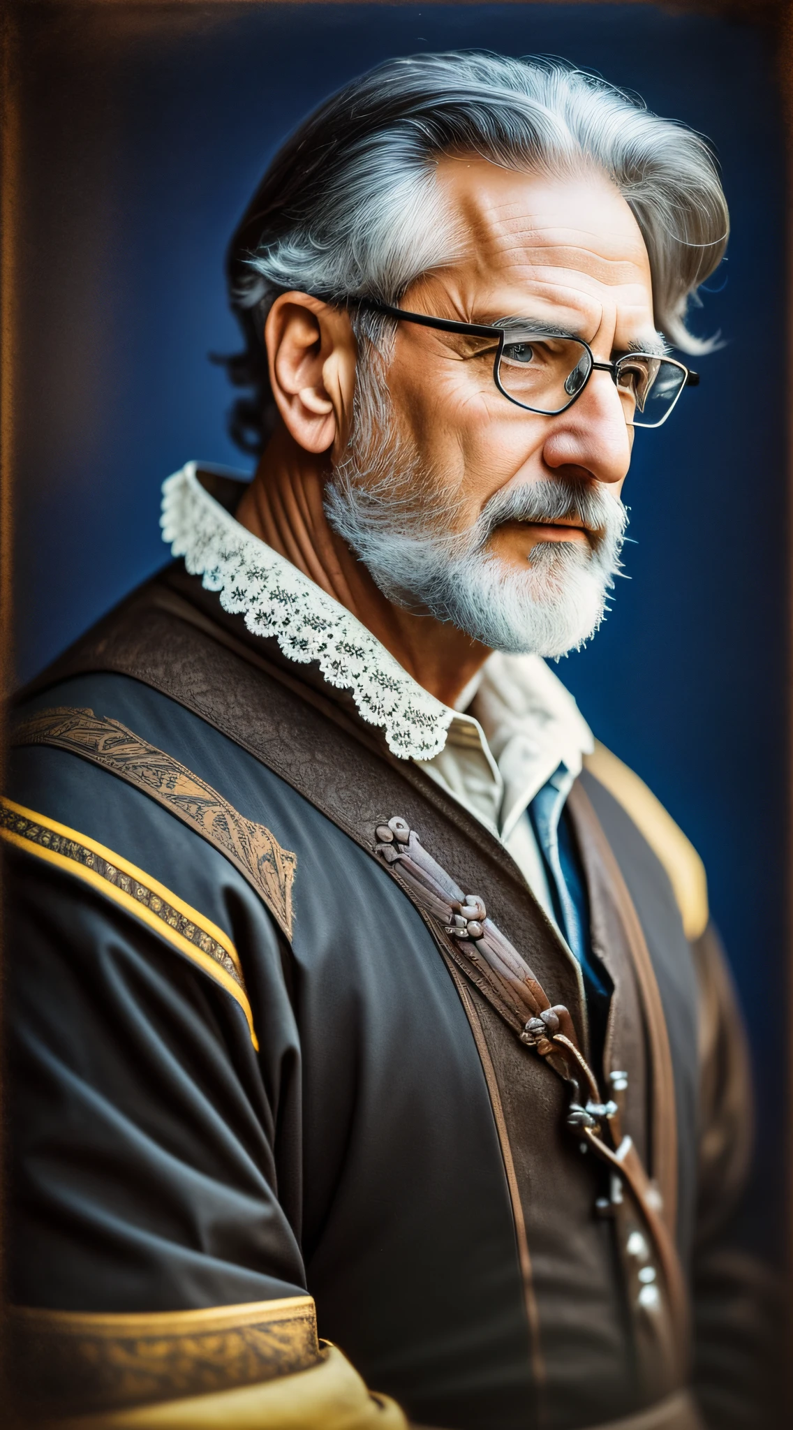 (realistic oil art, image up to the waist, 60-year-old man, French, short hair, 50% black hair, 50% gray, short beard, beard done), medieval teacher costume, medieval clothing, deep blue, black, yellow details, Renaissance intellectual, critical camera, blurred background, warm light, more details in clothing, strong leftovers, intellectual pose.
