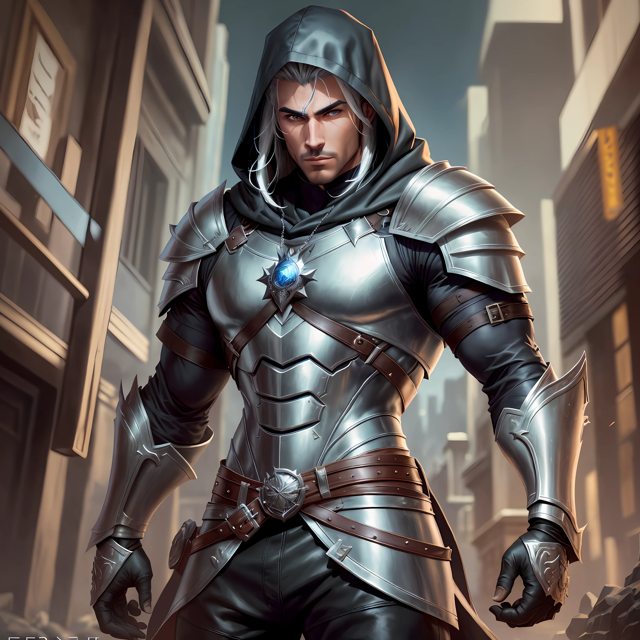 Arafed man in a hooded jacket and leather pants with a hood, attractive male with armor, attractive beefy male with armor, handsome male elf, fantasy character photo, muscular male hero, urban fantasy novel book cover, fantasy warrior in full armor, image of an adult male warrior, handsome prince of Persia, Fantasy male portrait, Magic man black men