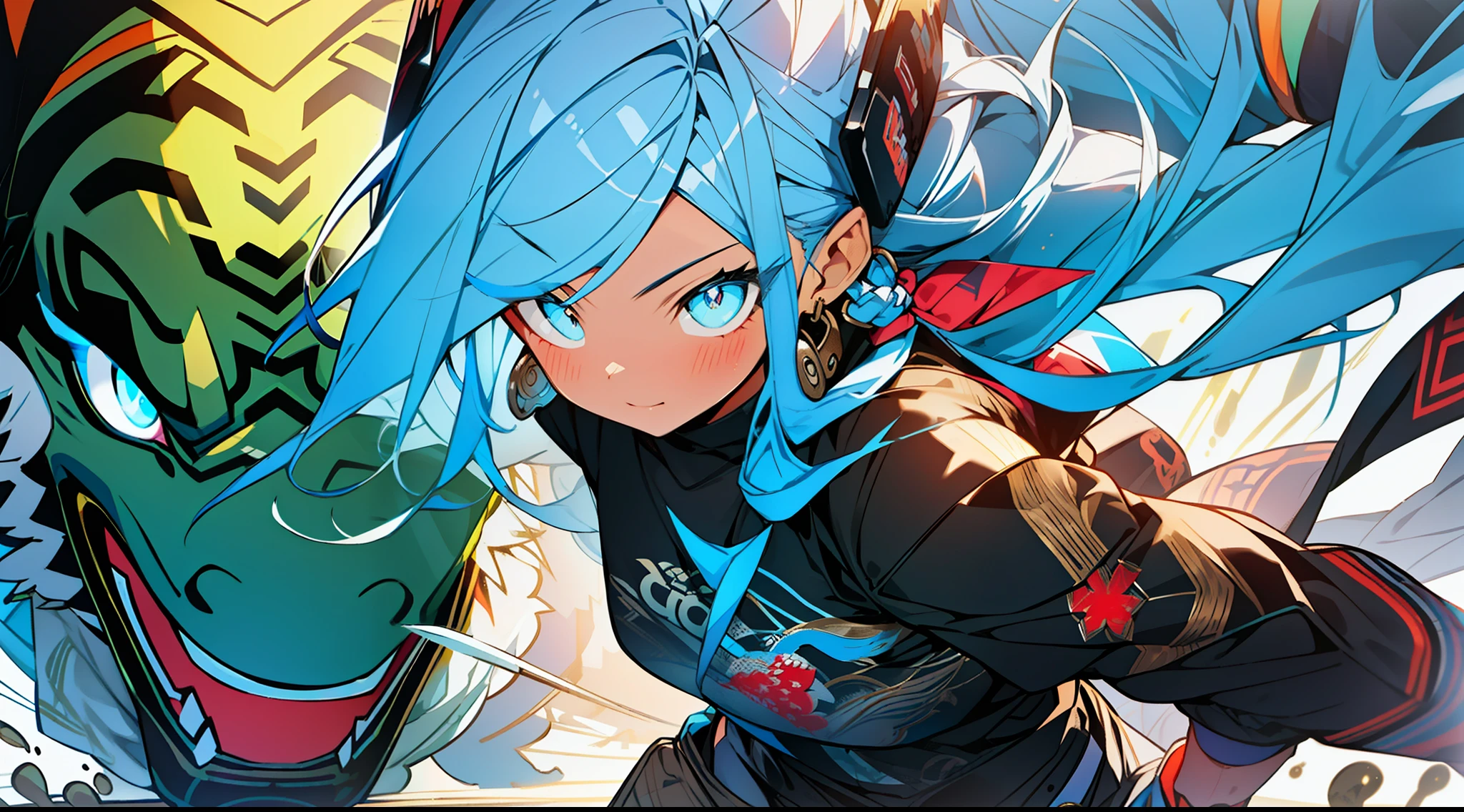 3girls, excellent lighting, sidelighting, (curvy: 1.2), vhsKeeper, background, mixed-language_text, Japanese graffiti letters, GUILTY GEAR -STRIVE style perfect(flat color: 1.3), (magazine_cover: 1.4), (multicolored_background: 1.3), striped_background, card_background, mixed-language_text, :: comix style by joe madureira :: , perfect and detailed, ultra detailed shirt with abstract design, with Japanese graffit letter print on the sides of the dress, image of woman fighting with powerful dragons against alien creature full of tentacles , with immersive effects, hover effect, background graffiti style tribal tattoo with vibrant colors "ultra hdr" detailed and with focus effect, (masterpiece: 1.2, best quality), (beautiful eyes finely detailed: 1.2), , ((Solo)), (Blue eyes:1.4), (Finely detailed eyes and detailed face with long eyelashes:1.3), in various full-body attack poses, (beautiful and clear background: 1.2),futuristic costume, super detailed circular metals Clinging to the arms and pants, fantastic paintings