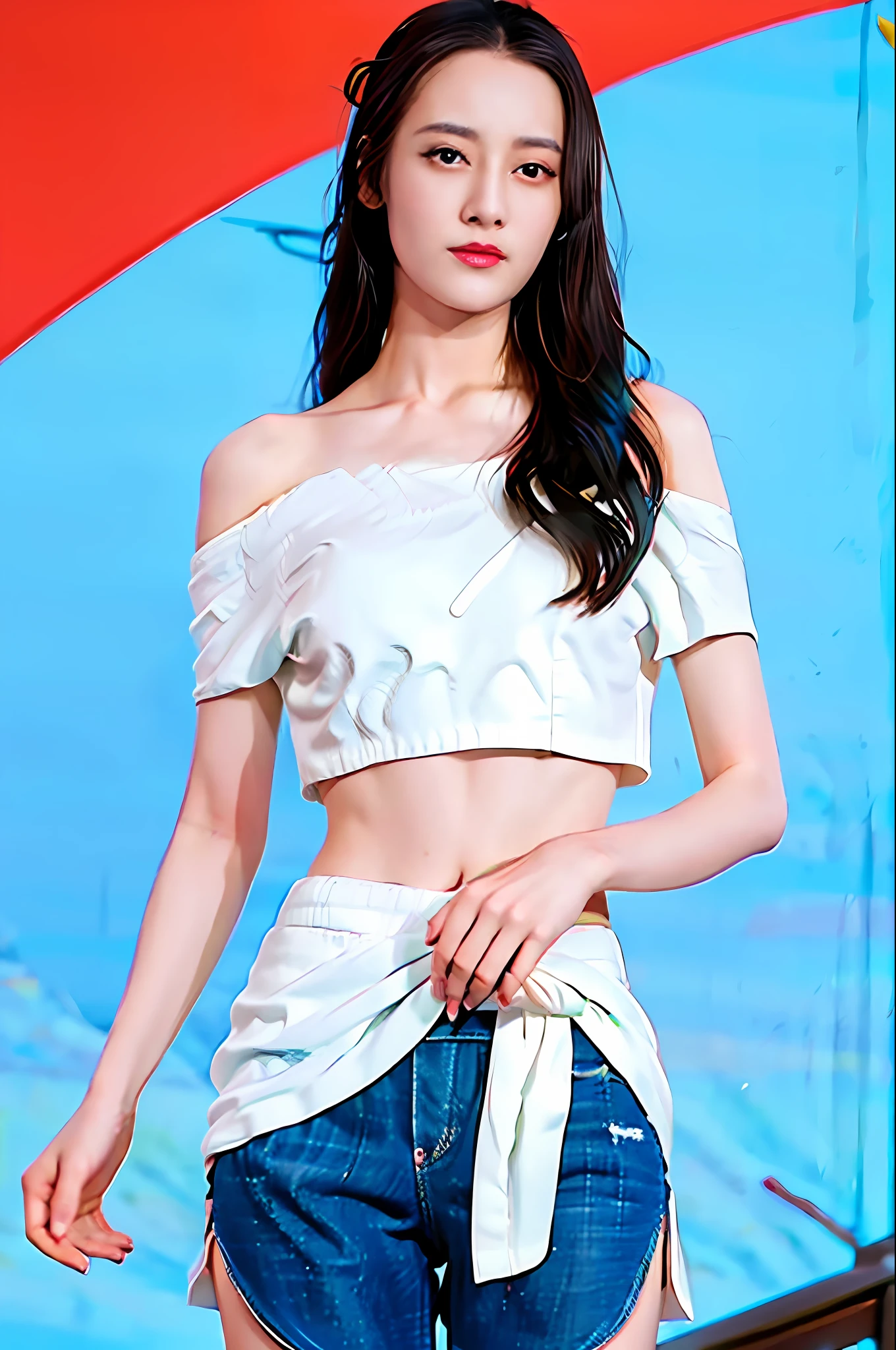 masterpiece, best quality, 1girl, aqua eyes, black hair, closed mouth, multicolored background, looking at viewer, outdoors, solo, upper body, alluring, clean, beautiful face, pure face, pale skin, sexy pose,((tube top, off shoulder, navel, shorts)), long hair, ((perfect female figure)), mature female, milf, narrow waist, chinese deity, seductive, highly detailed,best quality, masterpiece, highres, original, extremely detailed 8K wallpaper,masterpiece, best quality, illustration, beautifully detailed eyes, cinematic lighting,