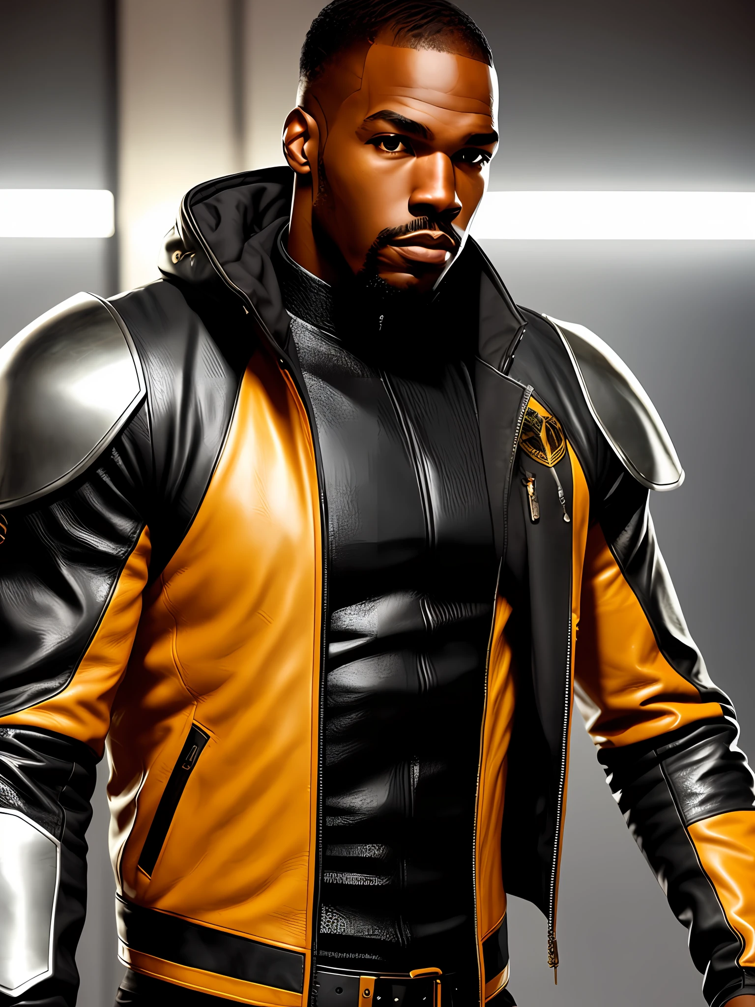 Jon Jones, black man, futuristic, realistic, steel armor, amber colored eyes, evident abdomen, cream colored leather jacket, rifle,