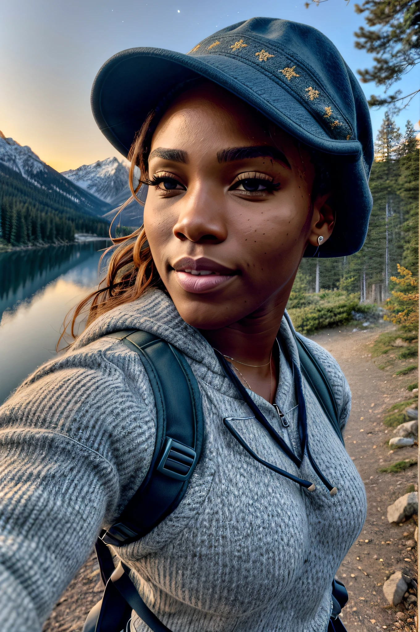 VeronicaCipher ((upper body selfie, happy)), masterpiece, best quality, ultra-detailed, solo, outdoor, (night), mountains, nature, (stars, moon) cheerful, happy, backpack, sleeping bag, camping stove, bottle water, mountain boots, gloves, sweater, hat, lantern, forest, rocks, river, wood, smoke, shadows, contrast, clear sky, style (warm hue, warm tone): 1.2), close-up, cinematic light, side lighting, ultra high resolution, best shadow, RAW, upper body, wearing pullover kodak vision 3,Serena Williams