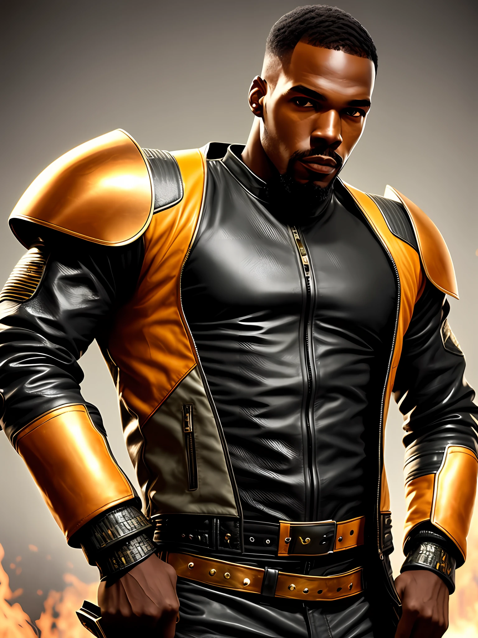 Jon Jones, black man, futuristic, realistic, steel armor, amber colored eyes, evident abdomen, cream colored leather jacket, rifle,