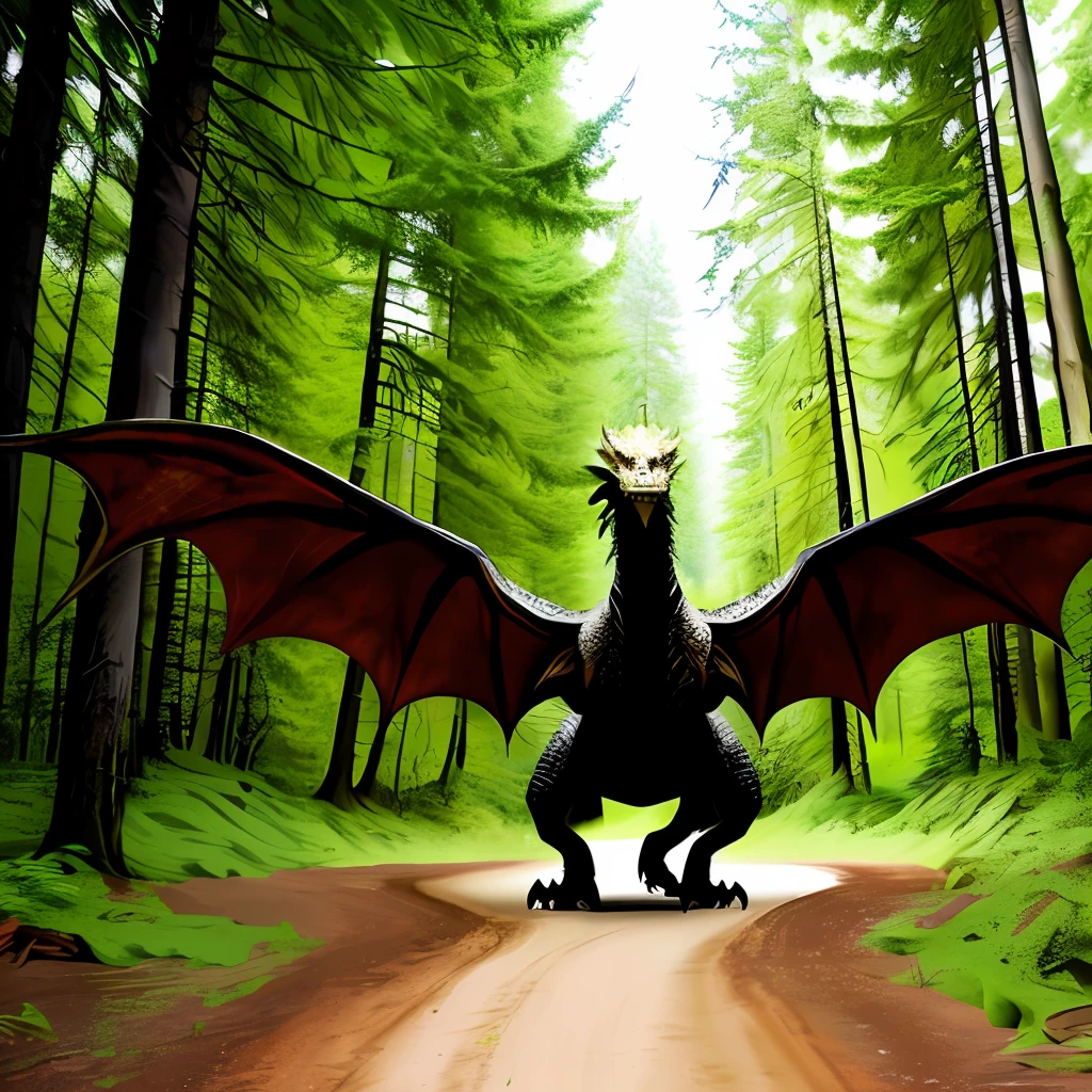 Dragon landing in a forest