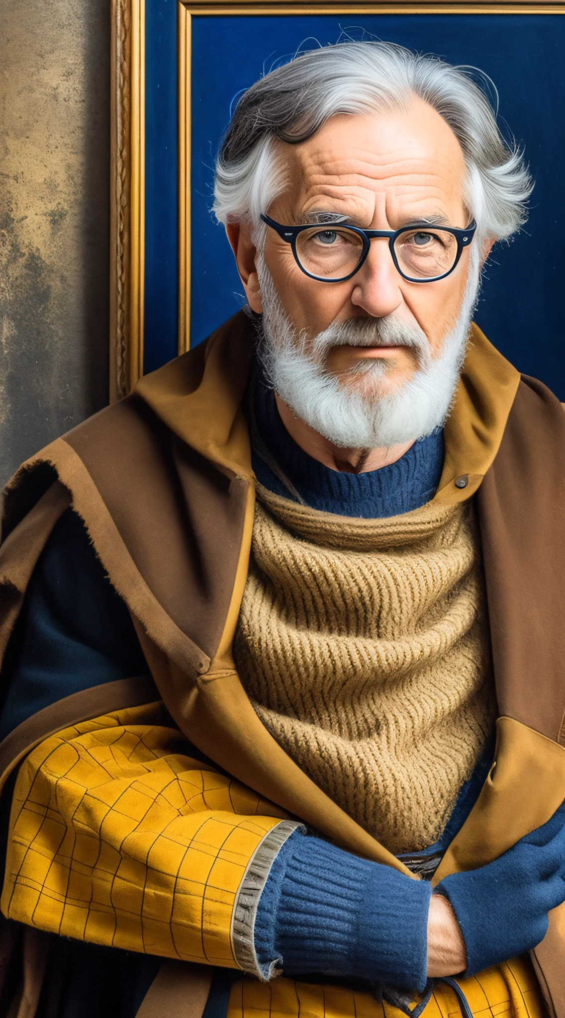 (realistic oil art, image up to the waist, 60-year-old man, French, short hair, 50% black hair, 50% gray, short beard, beard done), medieval teacher costume, medieval clothing, deep blue, black, yellow details, Renaissance intellectual, critical camera, blurred background, warm light, more details in clothing, strong leftovers, intellectual pose.