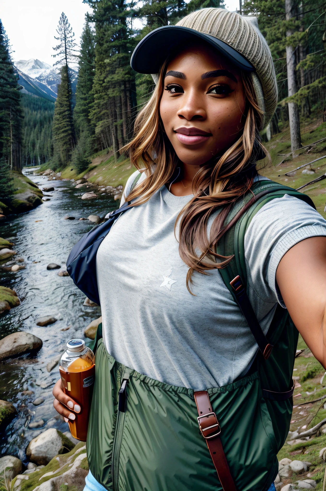 VeronicaCipher ((upper body selfie, happy)), masterpiece, best quality, ultra-detailed, solo, outdoor, (night), mountains, nature, (stars, moon) cheerful, happy, backpack, sleeping bag, camping stove, bottle water, mountain boots, gloves, sweater, hat, lantern, forest, rocks, river, wood, smoke, shadows, contrast, clear sky, style (warm hue, warm tone): 1.2), close-up, cinematic light,  side lighting, ultra high resolution, best shadow, RAW, upper body, wearing pullover kodak vision 3,Serena Williams