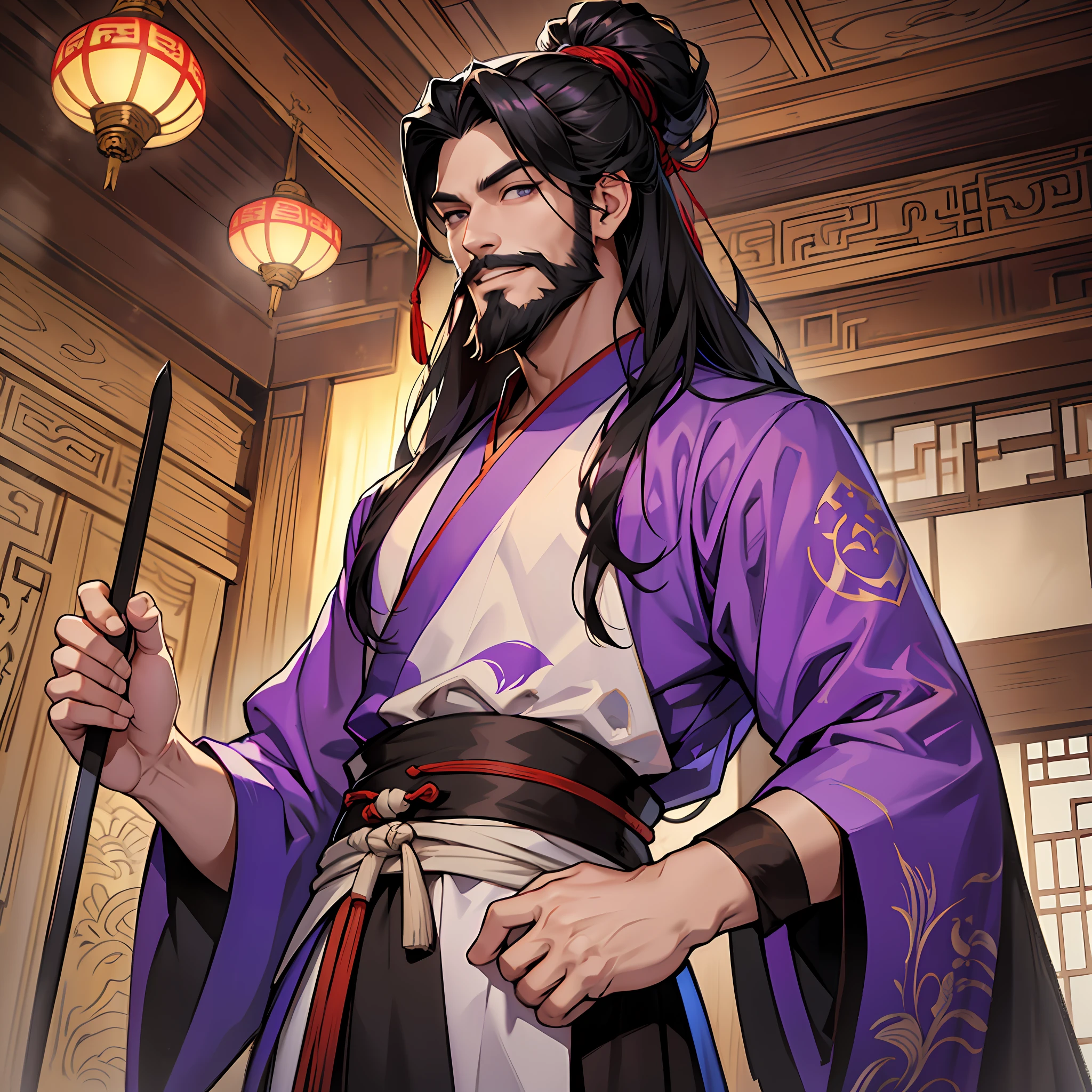 A man, (male), wearing purple Hanfu, beard, bad smile, dark painting style, dashing, long black hair, Hanfu, ancient, palace hall
