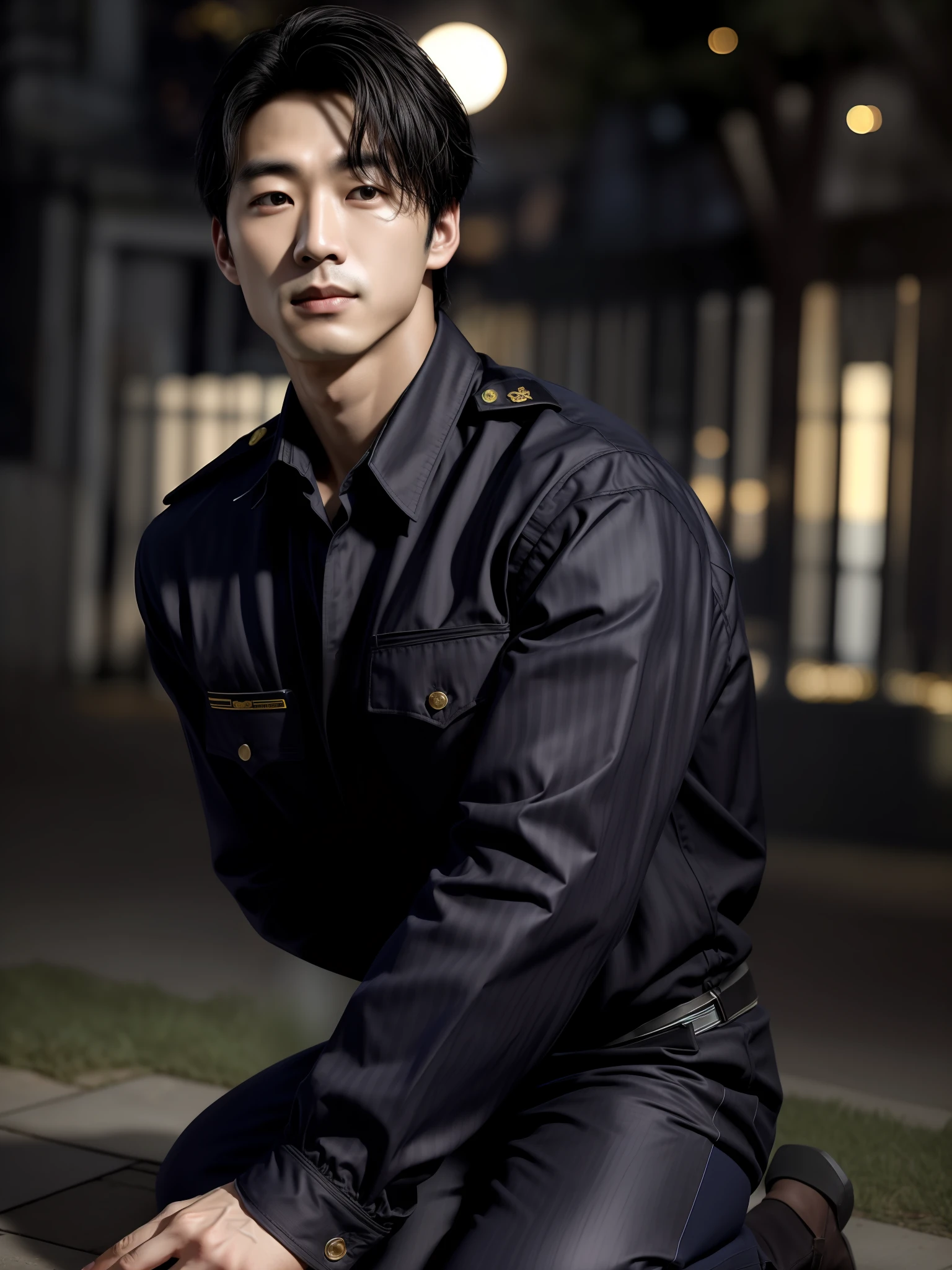 solo, male focus, (masterpiece, ultra quality, high resolution, 8k, intricate: 1.2), (detailed face:1.2), handsome, Young Korean man , , detailed skin, 1boy, ((realistic)), (muscular), policeman, , head tilted back, mouth open, saliva, (kneeling:1.3),leaning back, (police uniform, underwear, Water Spots, Black Pattern: 1.2, Underpants Raised), , ((Bust Portrait)), (Outdoor: 1.35), Moonlight, Alley, Shadows (Particles, Fireflies, Blue Glow): 1.3, Detailed backgrounds, realistic, realistic hands, 8k hd, (dark shadows, wide dynamic range, hdr, low light: 1.2)