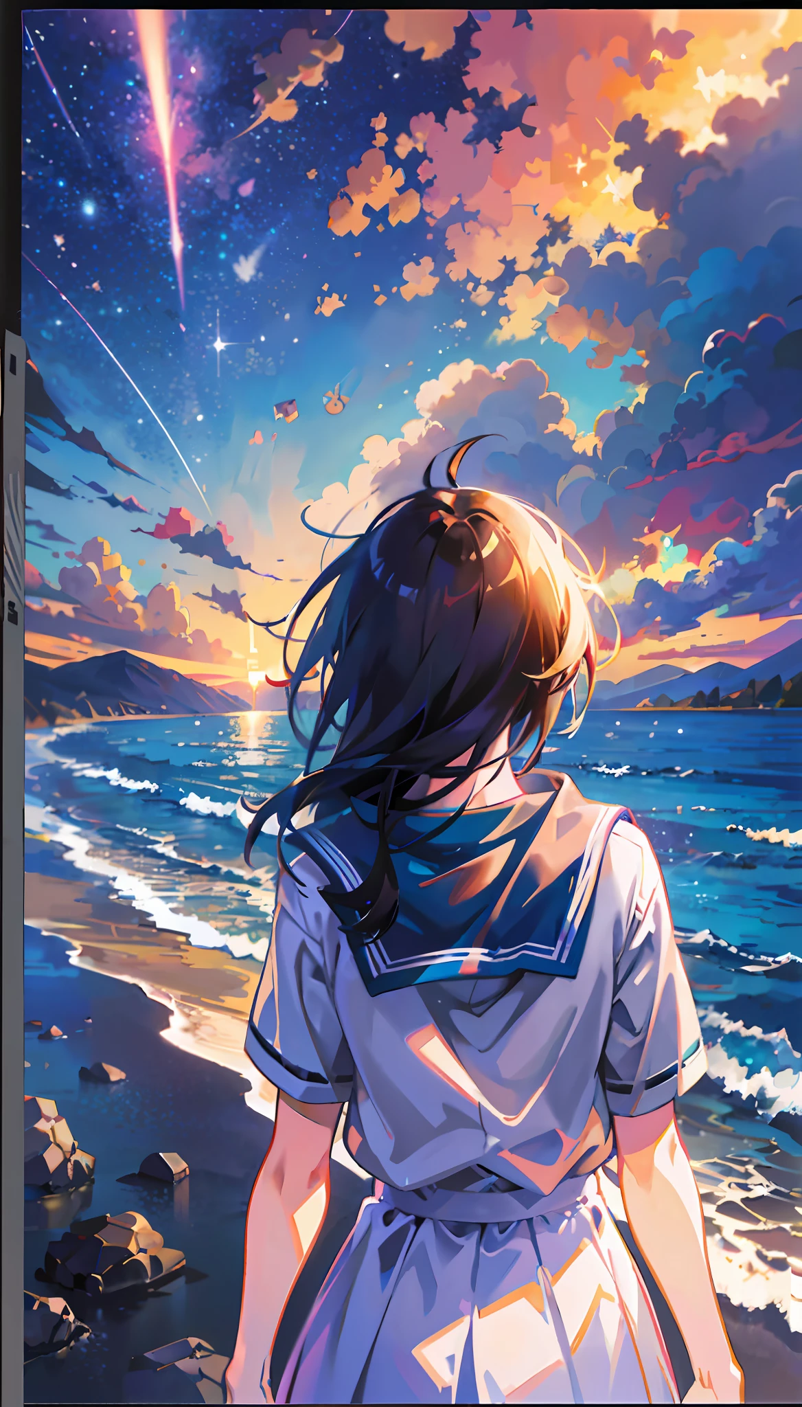 Anime scene of a girl standing on the beach watching stars, school uniform, Makoto Shinkai Cyril Rolando, Cosmic Sky. Author: Makoto Shinkai, Makoto Shinkai. Digital rendering, reflections. Author: Makoto Shinkai, Makoto Shinkai. Octane rendering, Shinkai Makoto style, Shinkai Makoto style, Shinkai Makoto style