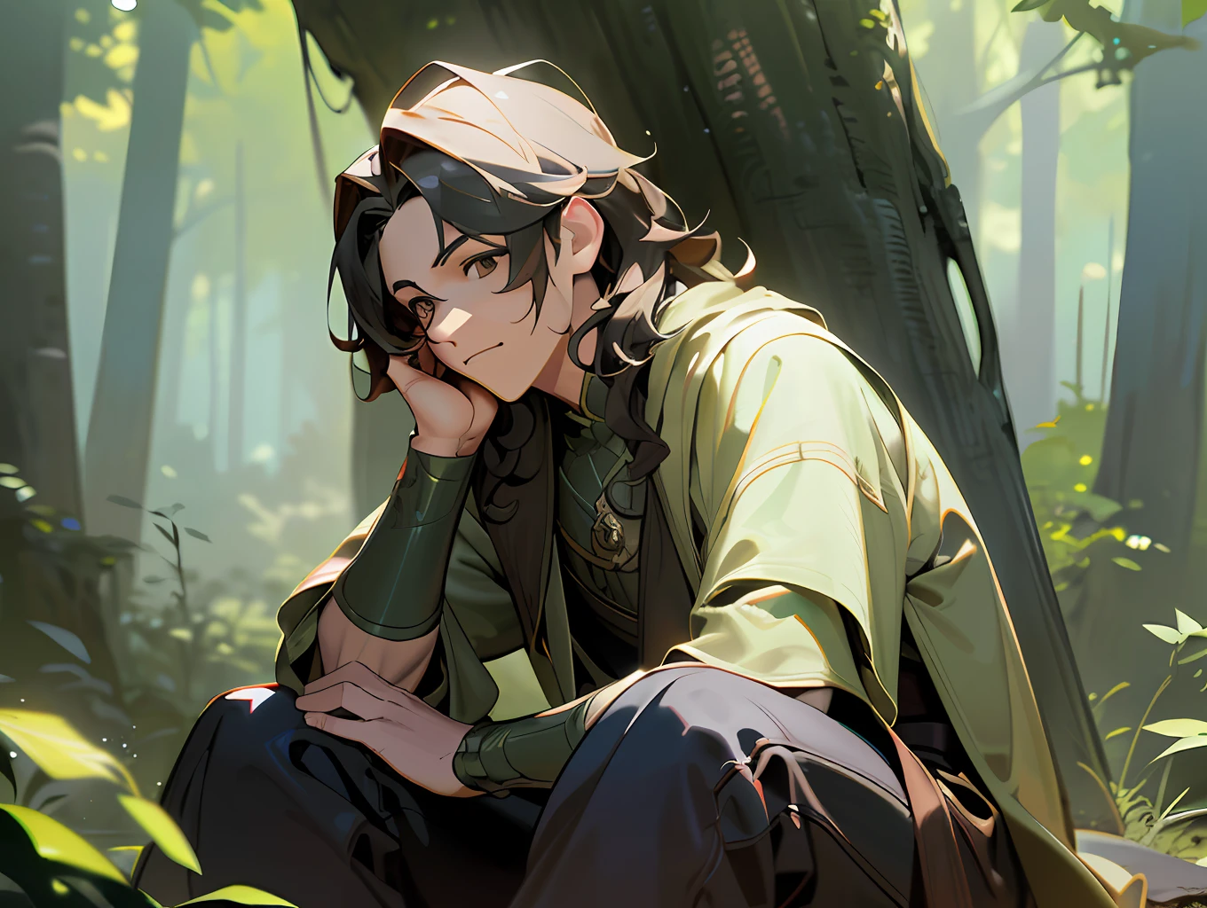 ((Best quality)), ((masterpiece)), (detailed:1.4), 3D, an image of very short wavy hair man, character from octopath traveler, muscular man, wearing regal outfit, sitting on the forest, HDR (High Dynamic Range),Ray Tracing,NVIDIA RTX,Super-Resolution,Unreal 5,Subsurface scattering,PBR Texturing,Post-processing,Anisotropic Filtering,Depth-of-field,Maximum clarity and sharpness,Multi-layered textures,Albedo and Specular maps,Surface shading,Accurate simulation of light-material interaction,Perfect proportions,Octane Render,Two-tone lighting,Wide aperture,Low ISO,White balance,Rule of thirds,8K RAW,