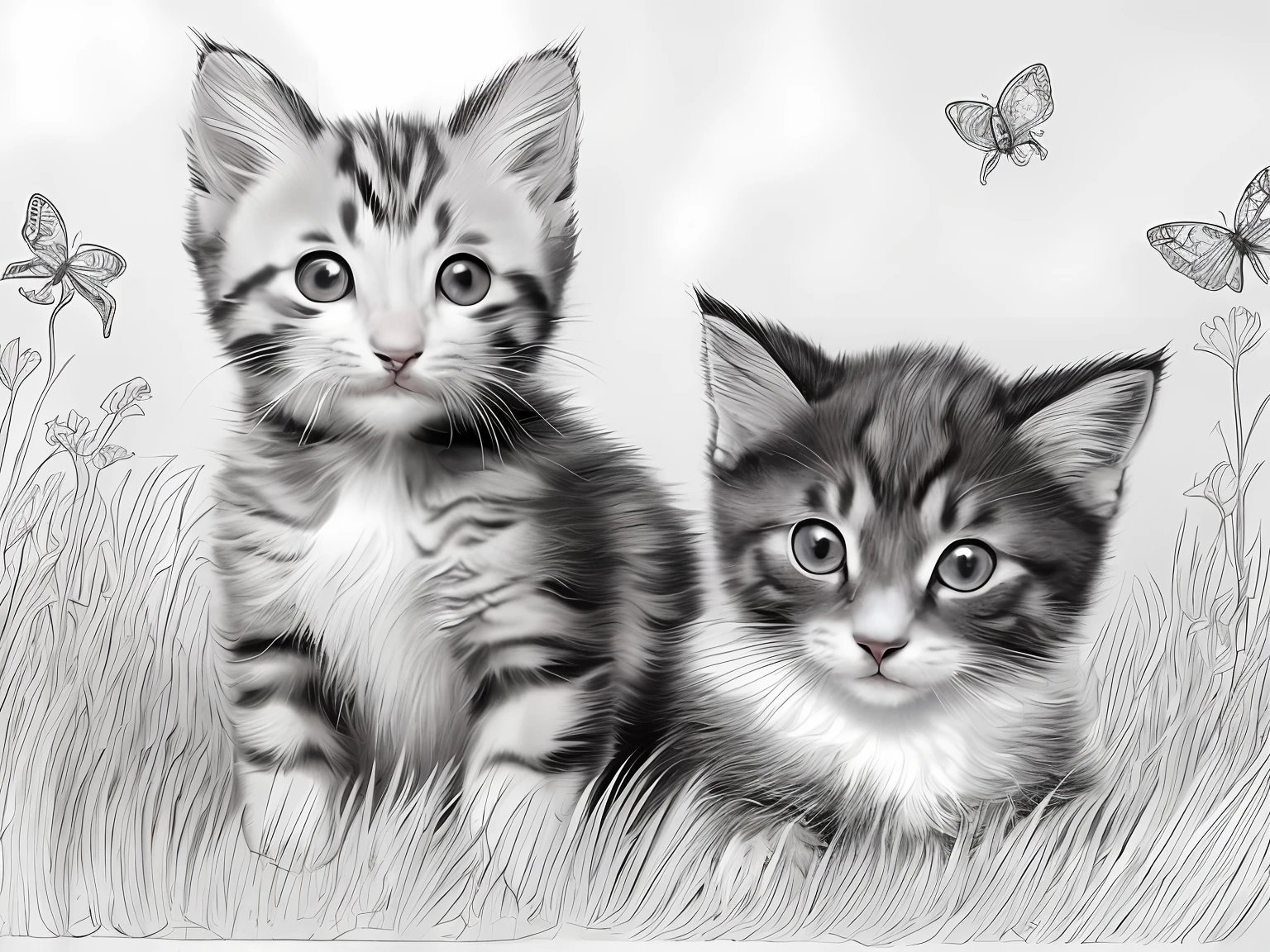 A kitten and a puppy hunting a butterfly, masterpiece, best quality, lineart, monochrome, white, black and white background, coloring book for children, on paper, full page, free lines, highly detailed art line, to print, perfect anatomy, ((white background)), flowers.